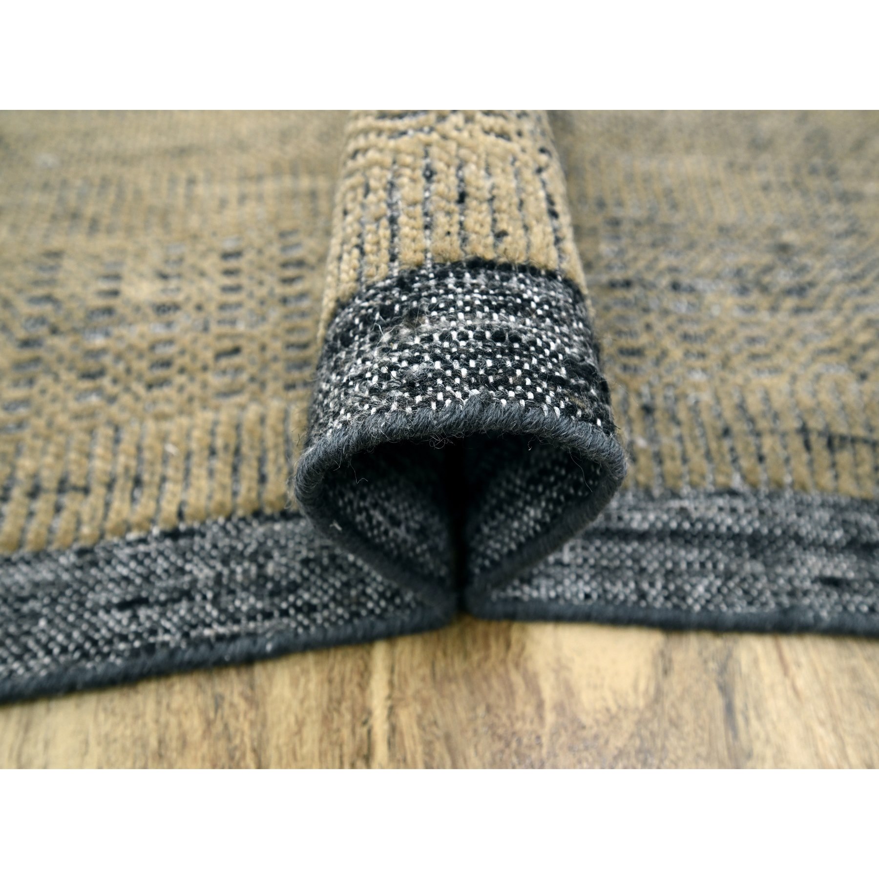 11'10"x15' Latte Brown with Charcoal Black, Oxidized and Distressed Grass Design with Exposed Warps, 100% Wool, Hand Knotted, Oversized, Oriental Rug Sh76288