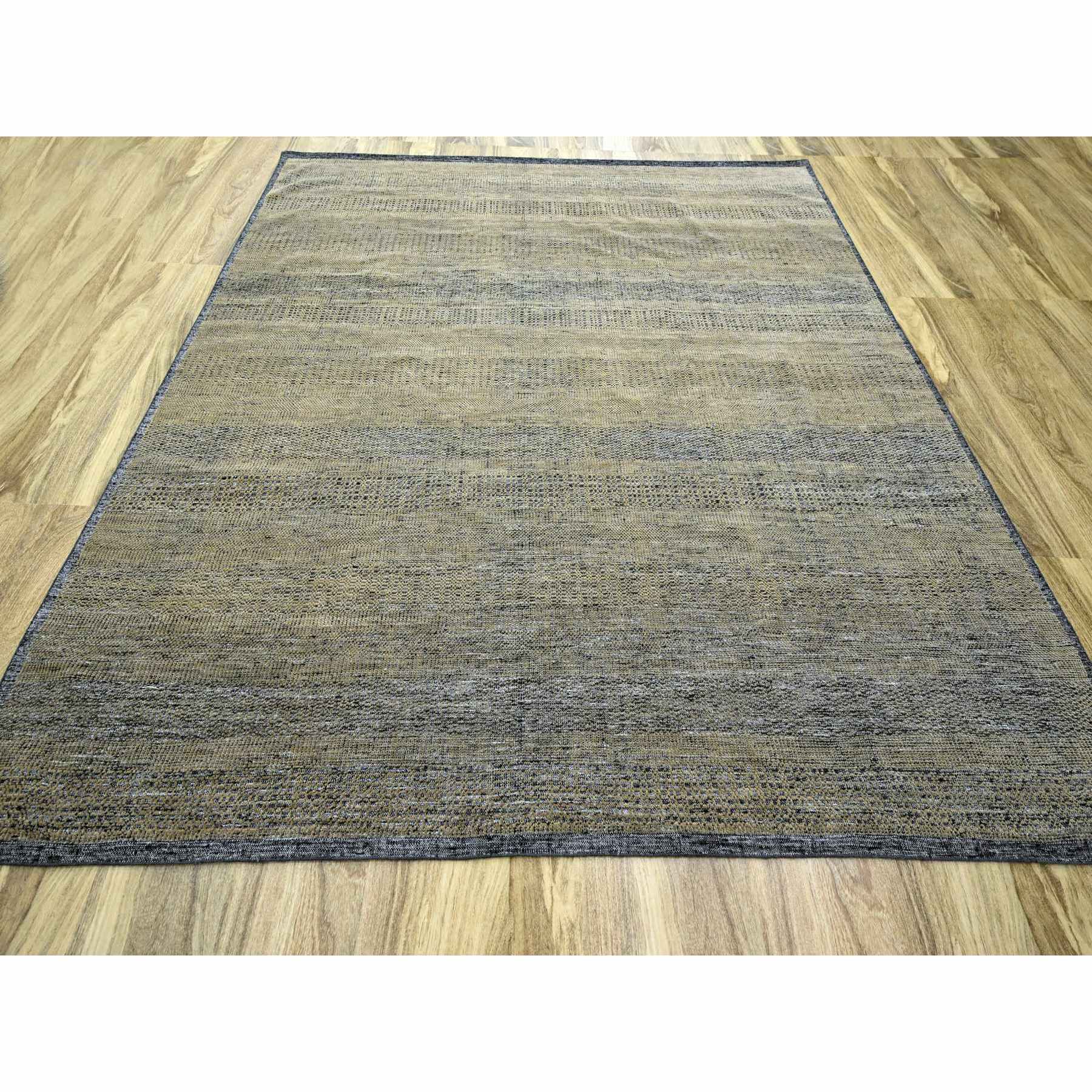 10'x10' Dijon Brown with Charcoal Black, Hand Knotted, Oxidized and Distressed Grass Design with Exposed Warps, Pure Wool, Square, Oriental Rug Sh76289