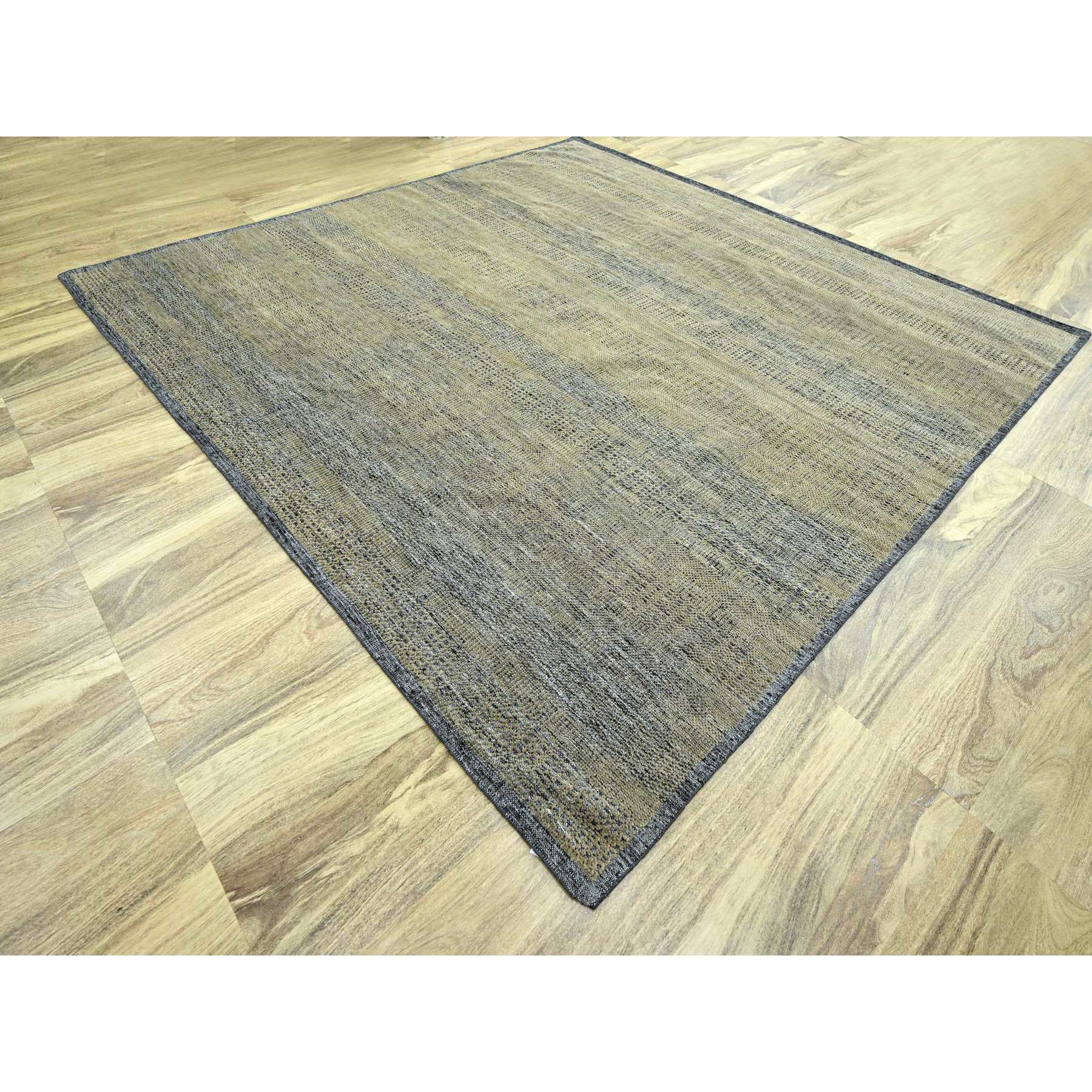 10'x10' Dijon Brown with Charcoal Black, Hand Knotted, Oxidized and Distressed Grass Design with Exposed Warps, Pure Wool, Square, Oriental Rug Sh76289