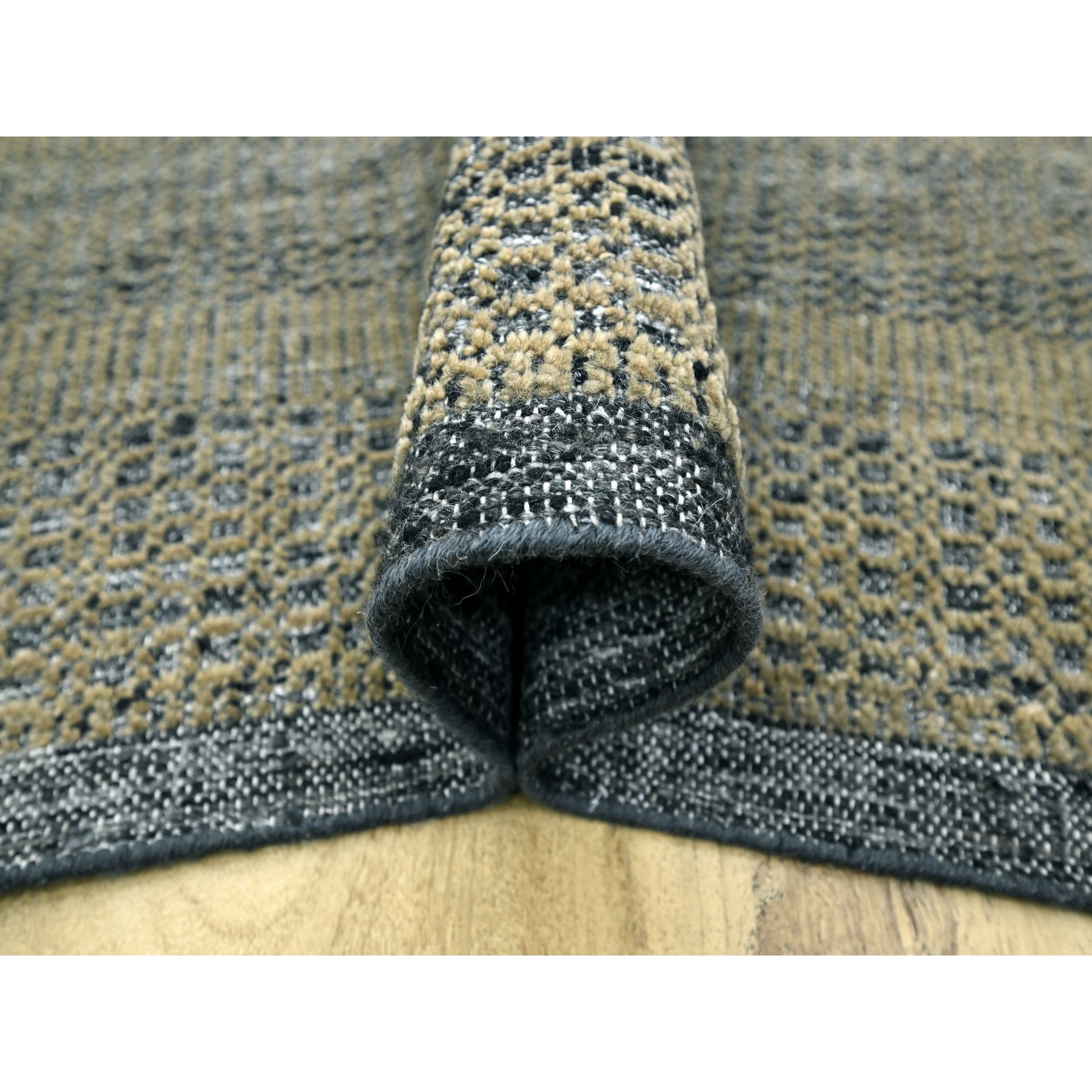10'x10' Dijon Brown with Charcoal Black, Hand Knotted, Oxidized and Distressed Grass Design with Exposed Warps, Pure Wool, Square, Oriental Rug Sh76289