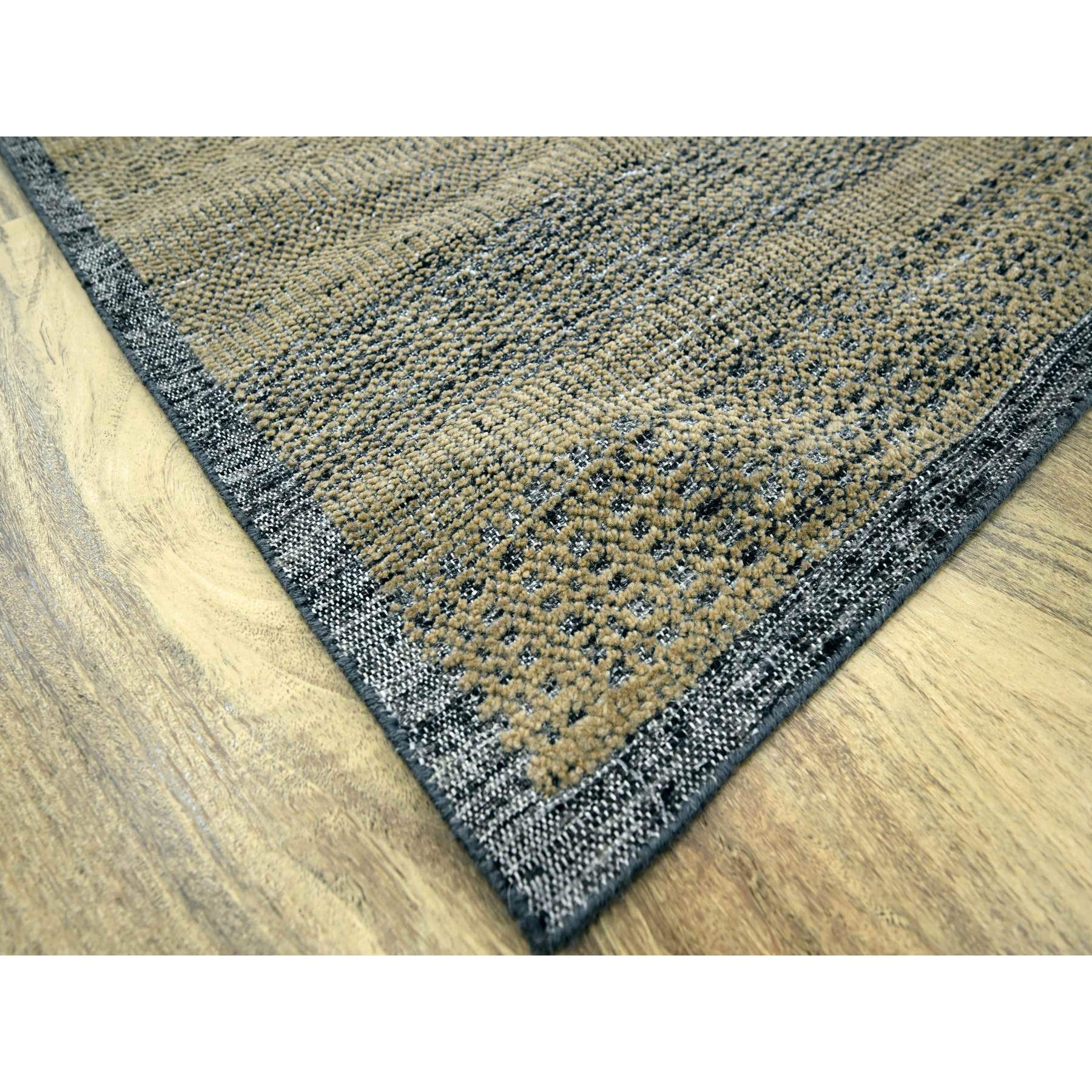 10'x10' Dijon Brown with Charcoal Black, Hand Knotted, Oxidized and Distressed Grass Design with Exposed Warps, Pure Wool, Square, Oriental Rug Sh76289
