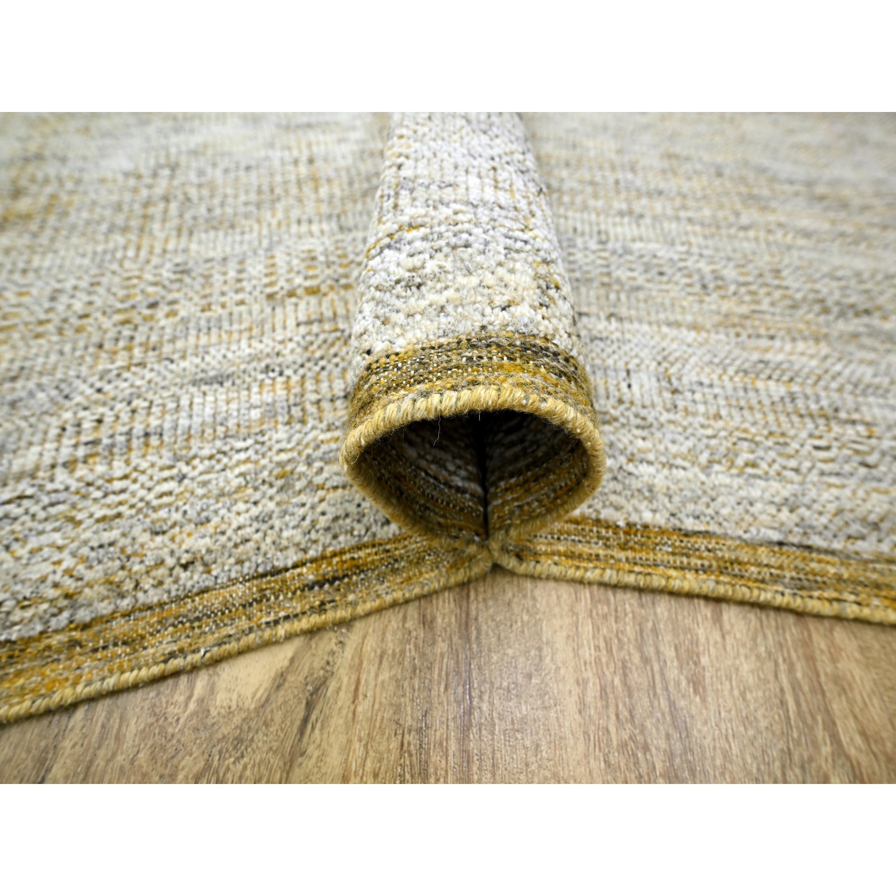 8'10"x12'3" Powder White with Golden Yellow, Hand Knotted, Oxidized and Distressed Grass Design with Exposed Warps, Pure Wool, Oriental Rug Sh76294