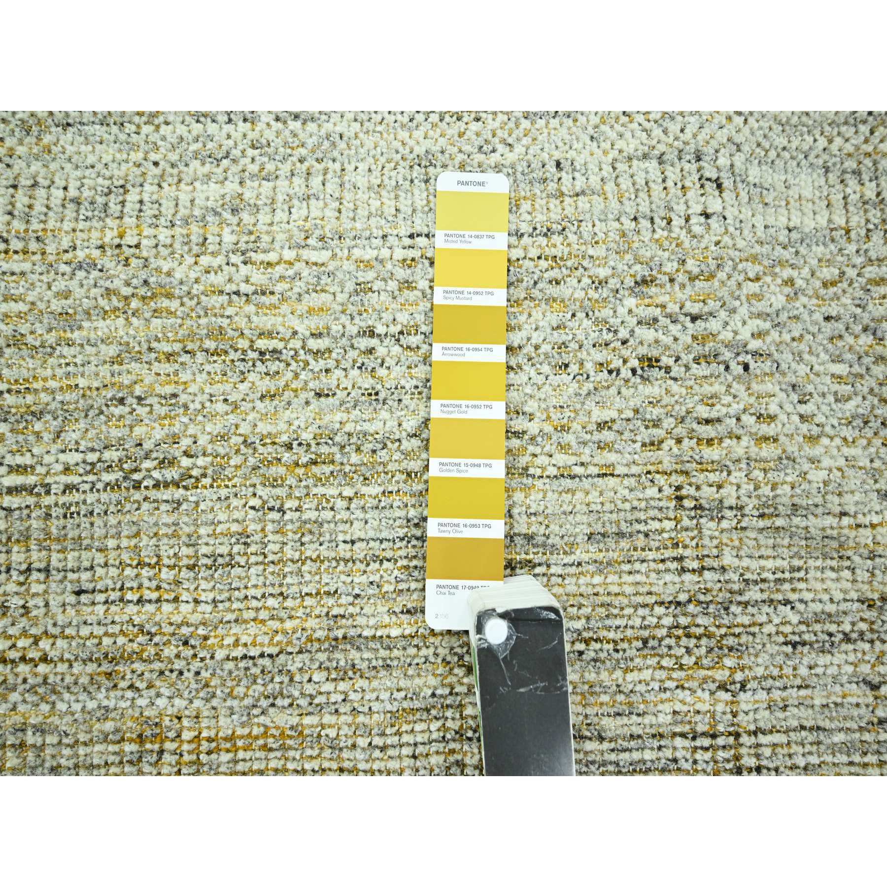 8'10"x12'3" Powder White with Golden Yellow, Hand Knotted, Oxidized and Distressed Grass Design with Exposed Warps, Pure Wool, Oriental Rug Sh76294
