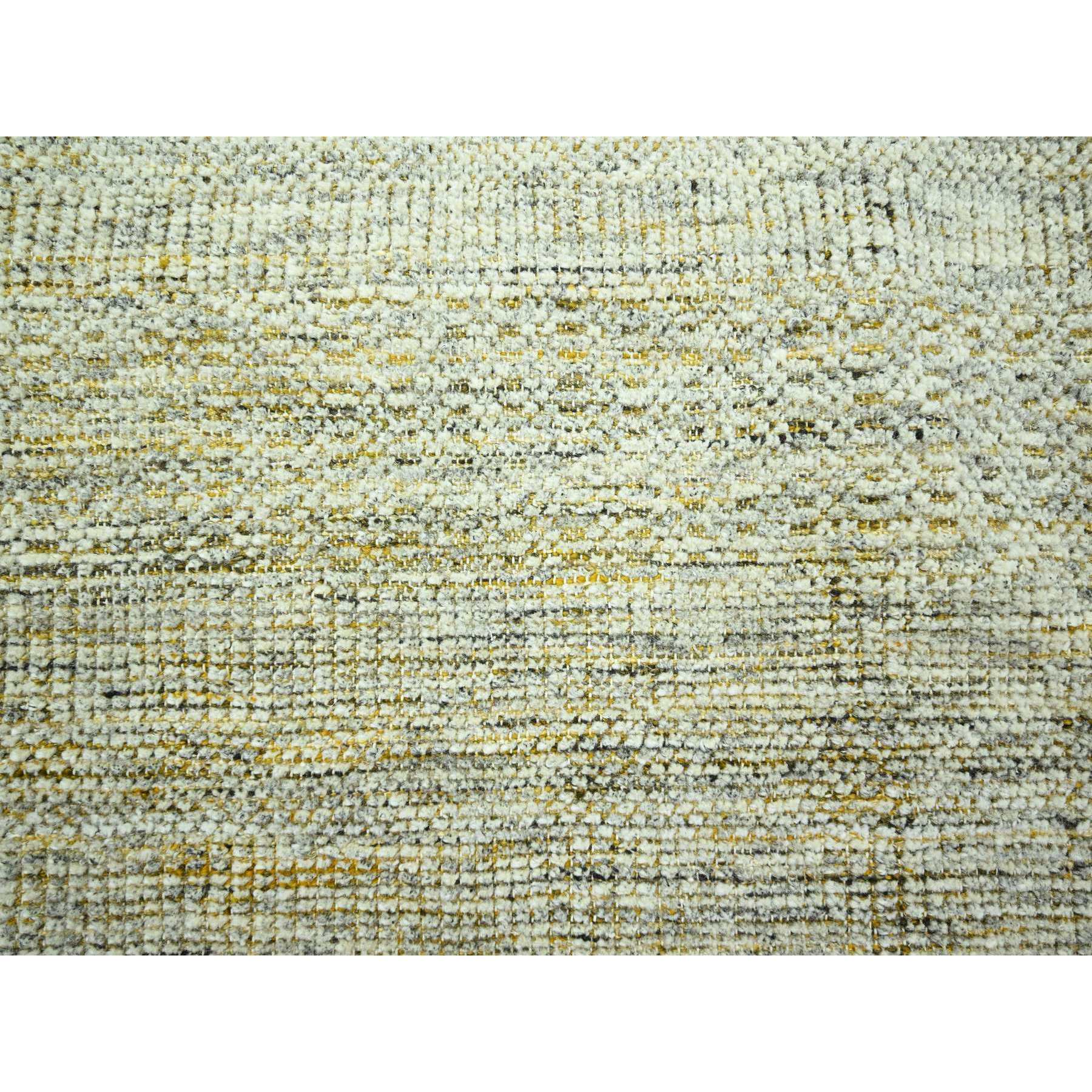 8'10"x12'3" Powder White with Golden Yellow, Hand Knotted, Oxidized and Distressed Grass Design with Exposed Warps, Pure Wool, Oriental Rug Sh76294