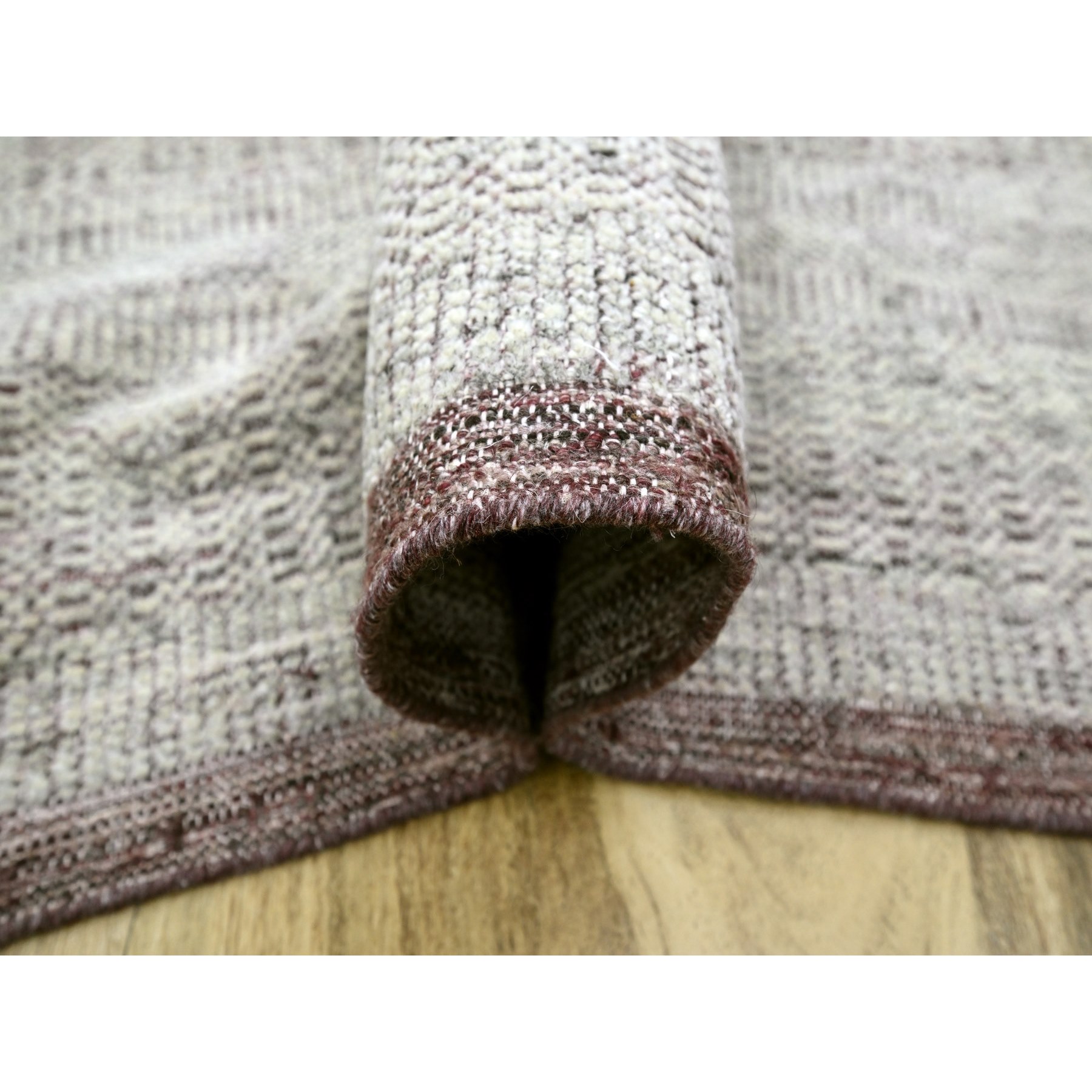 8'9"x12'1" Sangria Red with Vista White, Oxidized and Distressed Grass Design with Exposed Warps, Hand Knotted, 100% Wool, Oriental Rug Sh76296