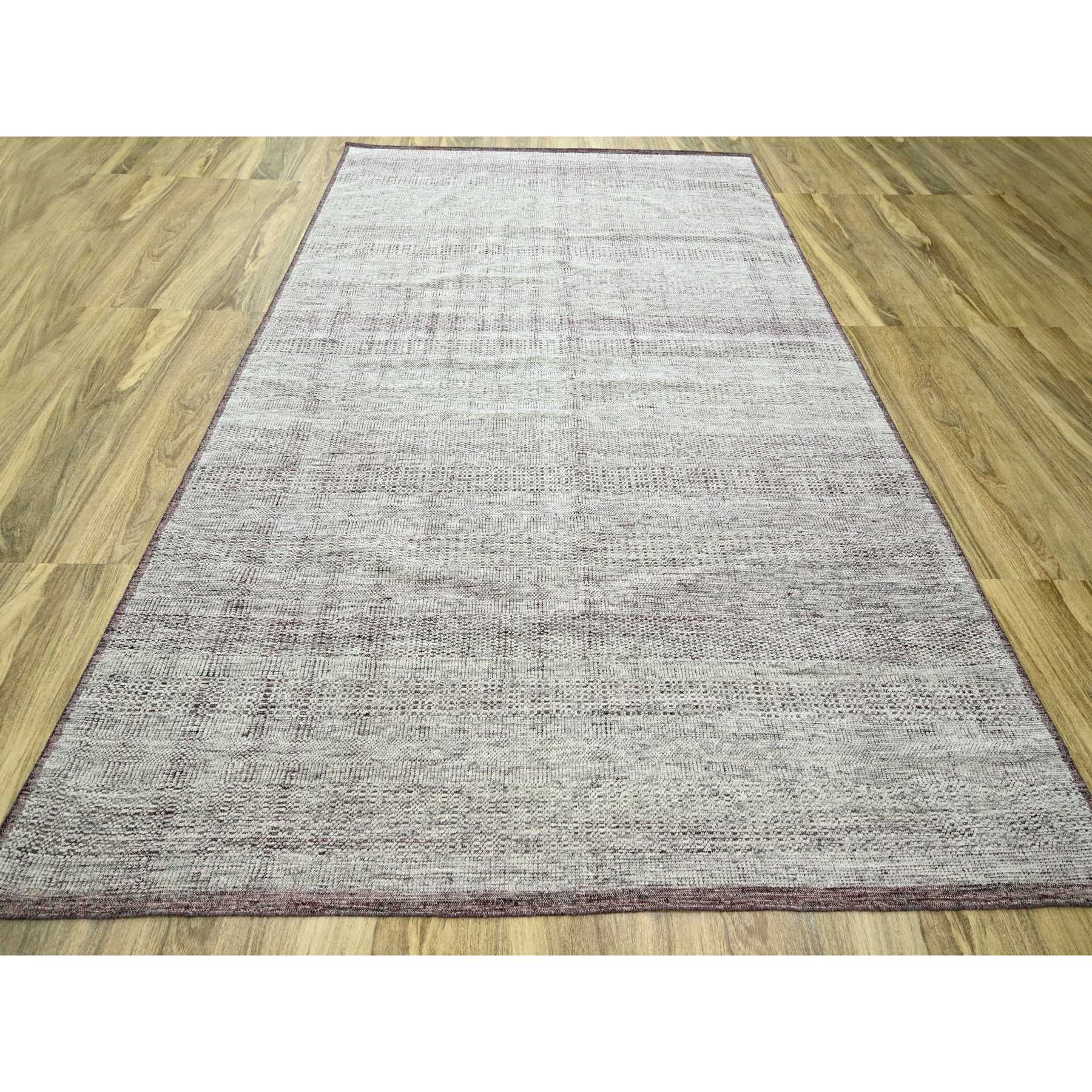 9'x12' Wine Red with Powder White, Oxidized and Distressed Grass Design with Exposed Warps, 100% Wool, Hand Knotted, Oriental Rug Sh76297