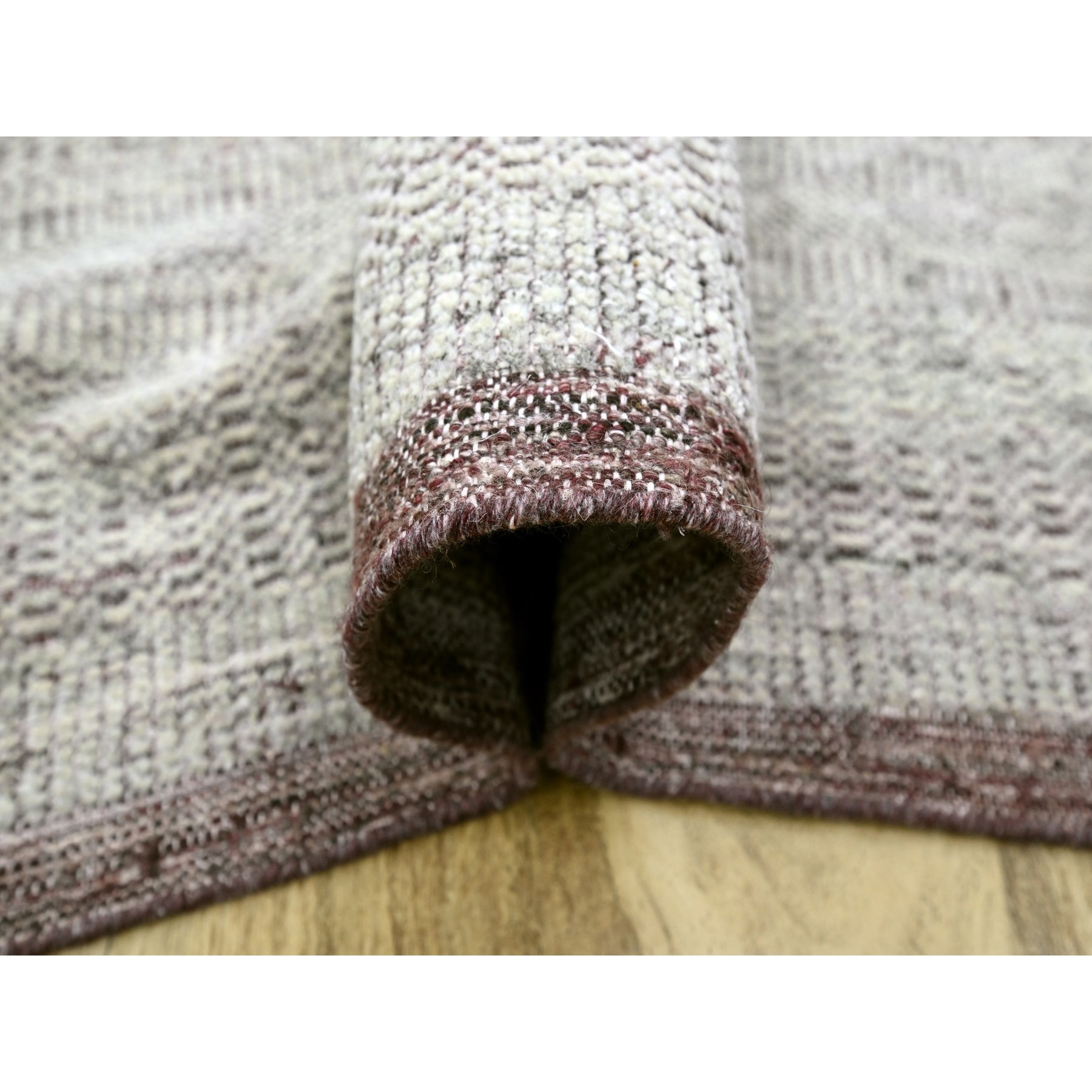 9'x12' Wine Red with Powder White, Oxidized and Distressed Grass Design with Exposed Warps, 100% Wool, Hand Knotted, Oriental Rug Sh76297