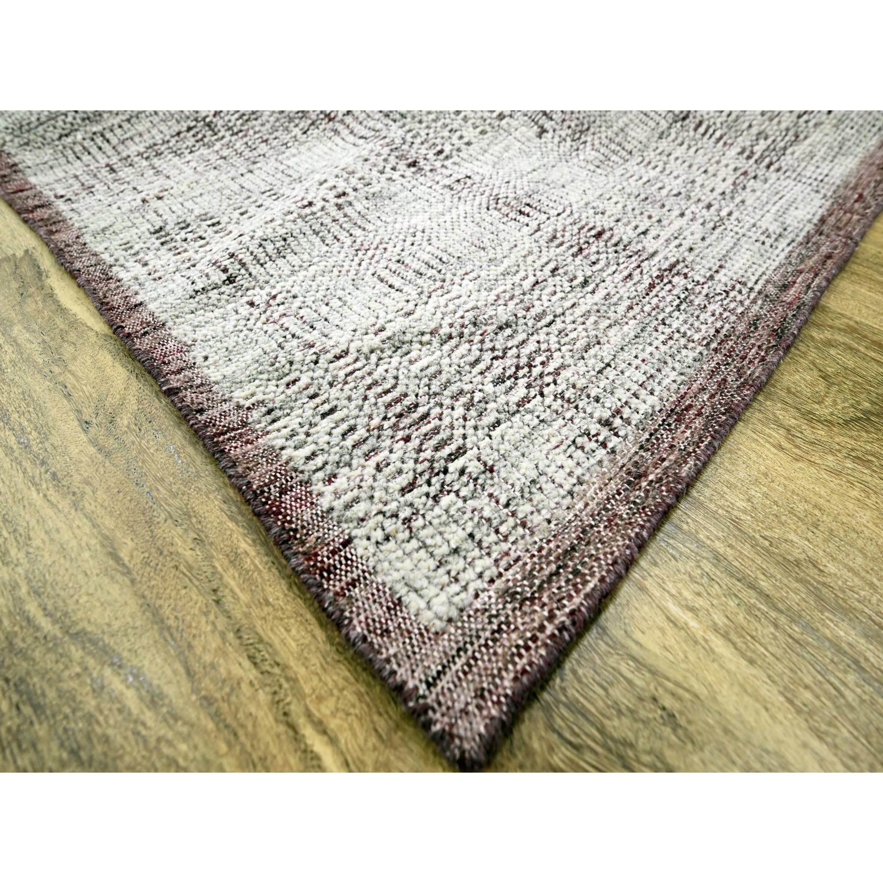 9'x12' Wine Red with Powder White, Oxidized and Distressed Grass Design with Exposed Warps, 100% Wool, Hand Knotted, Oriental Rug Sh76297