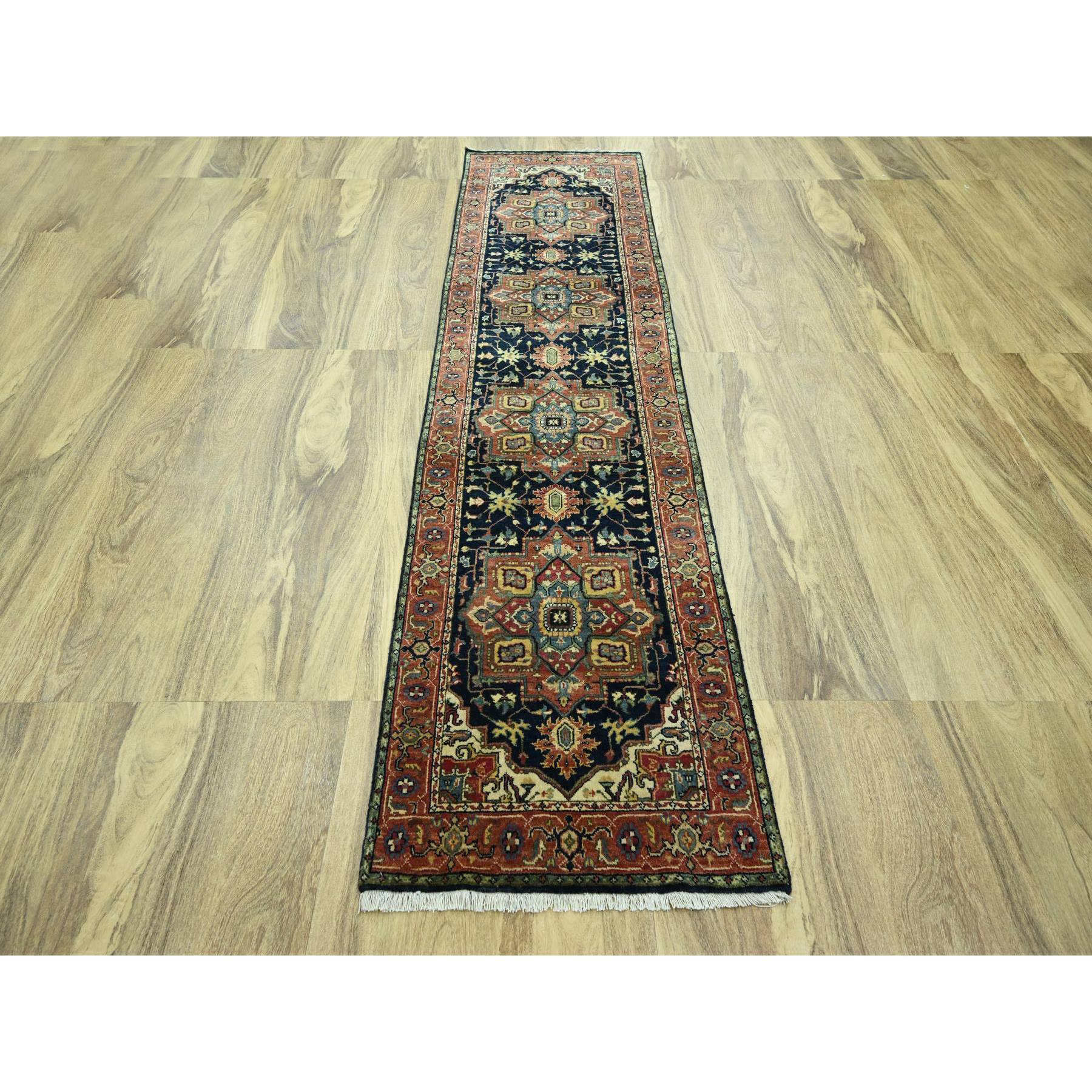 2'7"x10' Midnight Blue, Heriz with Geometric Medallions Design, Natural Dyes, Hand Knotted, Soft Pile, Hand Spun New Zealand Wool, Runner, Oriental Rug Sh76301