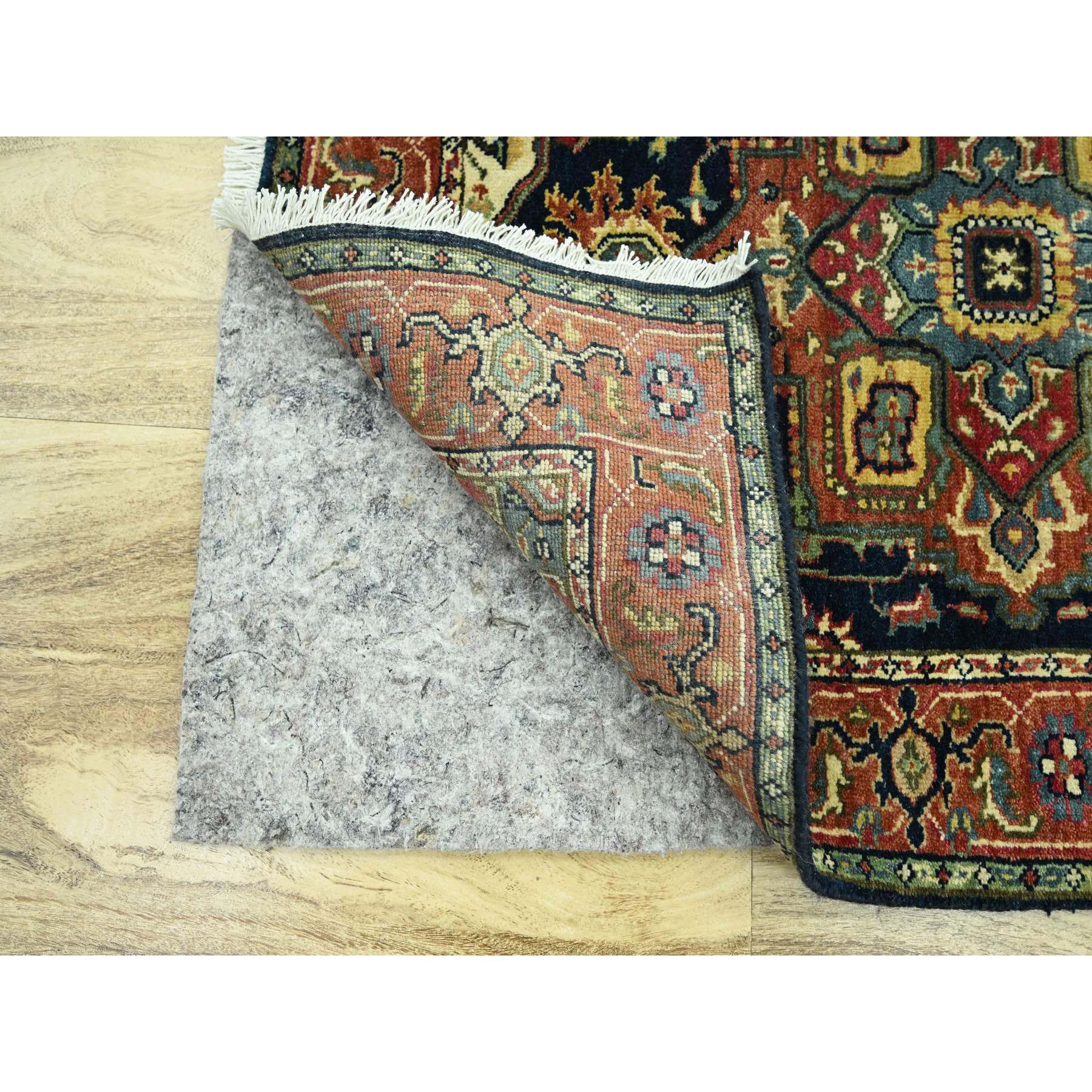 2'7"x10' Midnight Blue, Heriz with Geometric Medallions Design, Natural Dyes, Hand Knotted, Soft Pile, Hand Spun New Zealand Wool, Runner, Oriental Rug Sh76301