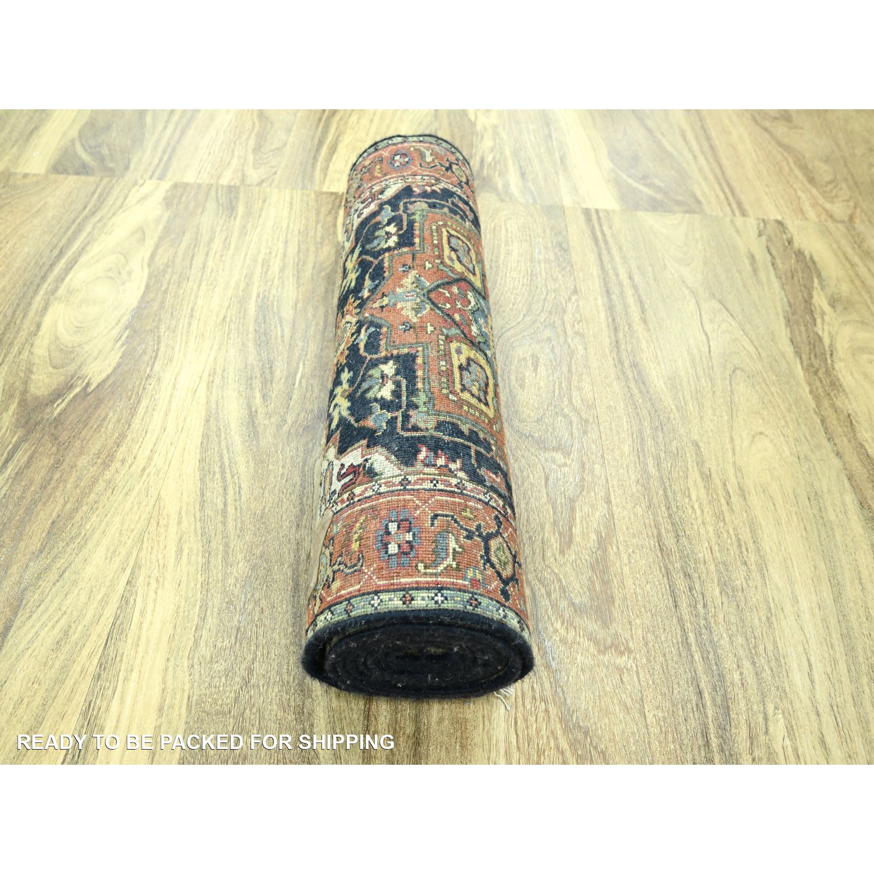 2'7"x10' Midnight Blue, Heriz with Geometric Medallions Design, Natural Dyes, Hand Knotted, Soft Pile, Hand Spun New Zealand Wool, Runner, Oriental Rug Sh76301