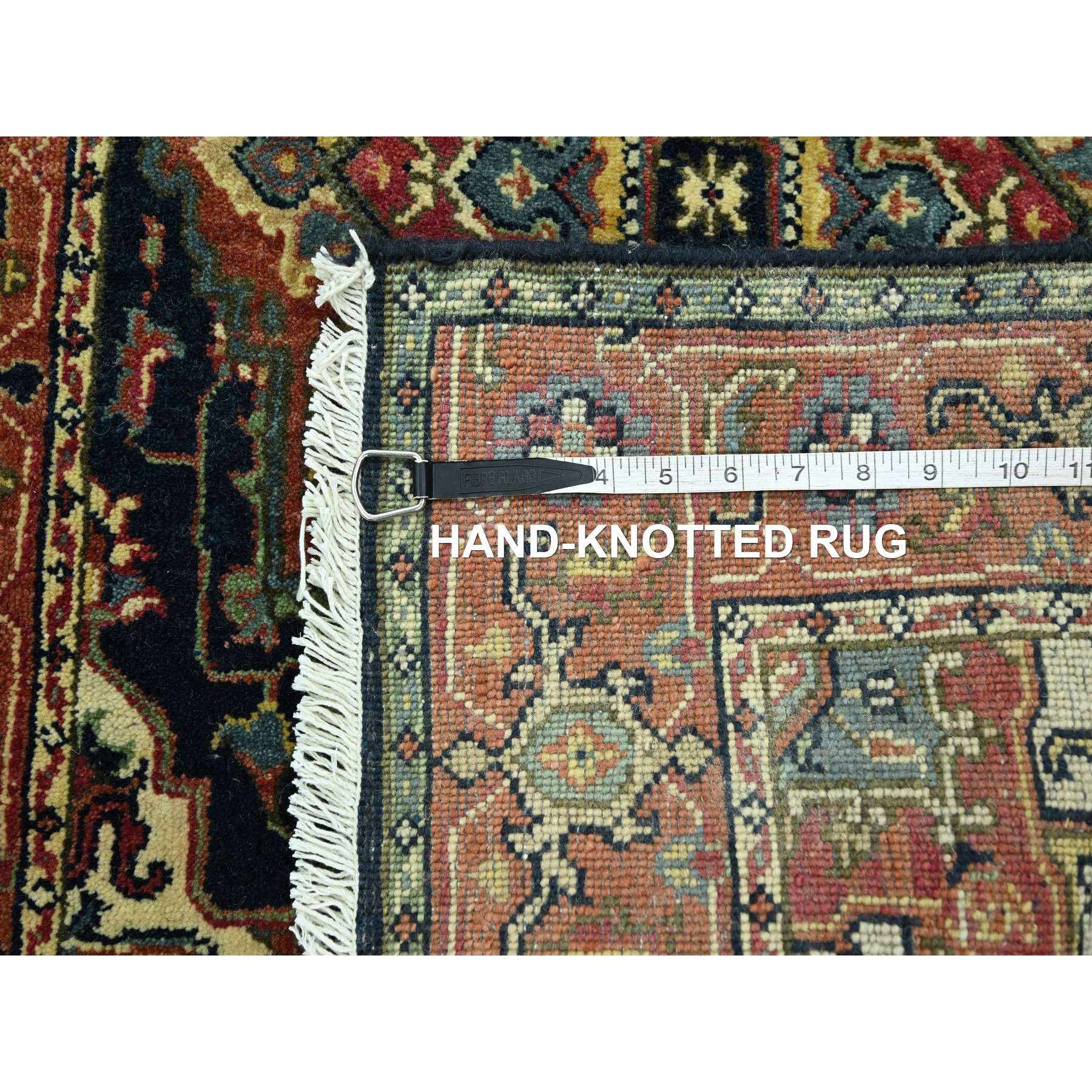 2'7"x10' Midnight Blue, Heriz with Geometric Medallions Design, Natural Dyes, Hand Knotted, Soft Pile, Hand Spun New Zealand Wool, Runner, Oriental Rug Sh76301