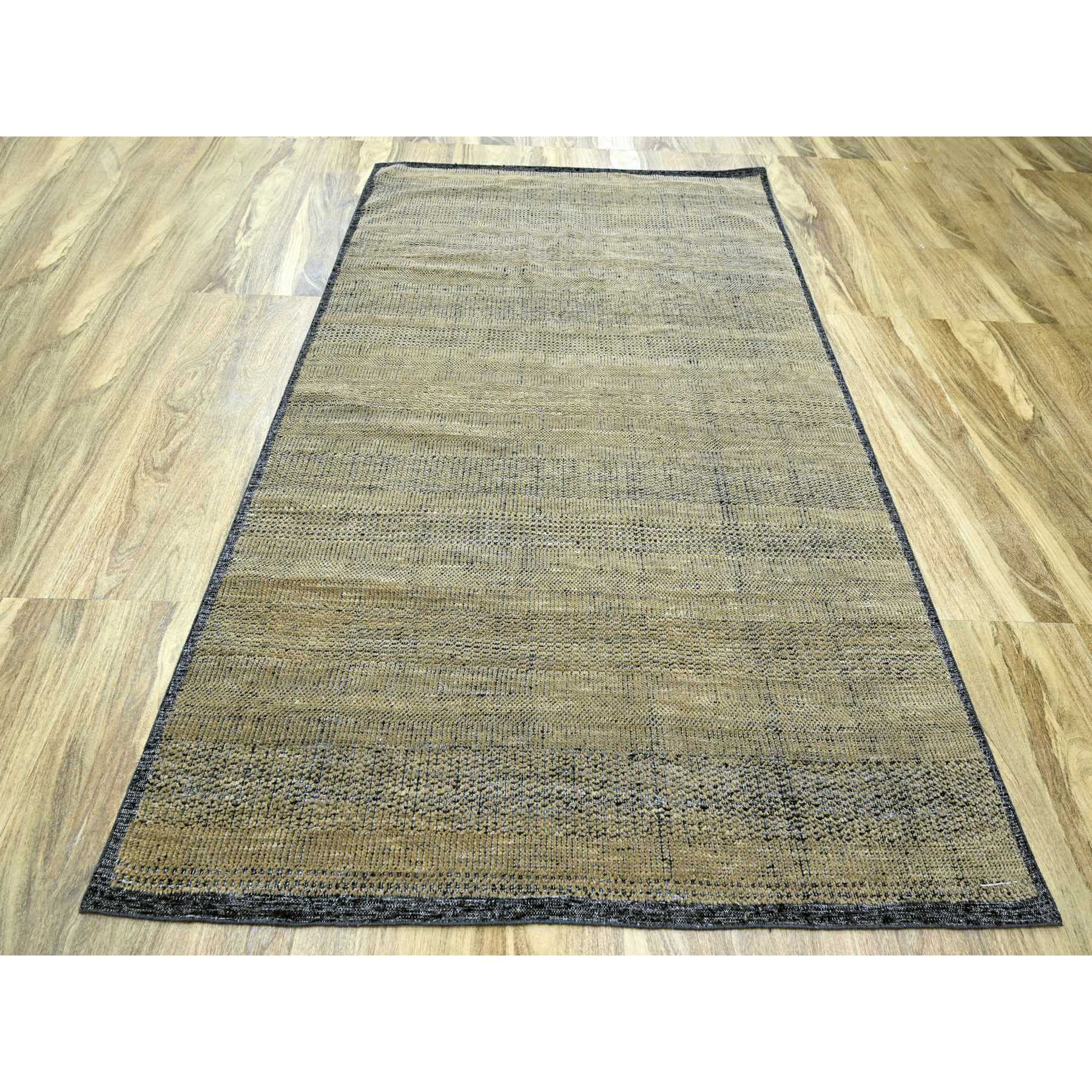 6'x9'3" Dijon Brown with Charcoal Black, Oxidized and Distressed Grass Design with Exposed Warps, Hand Knotted, 100% Wool, Oriental Rug Sh76302