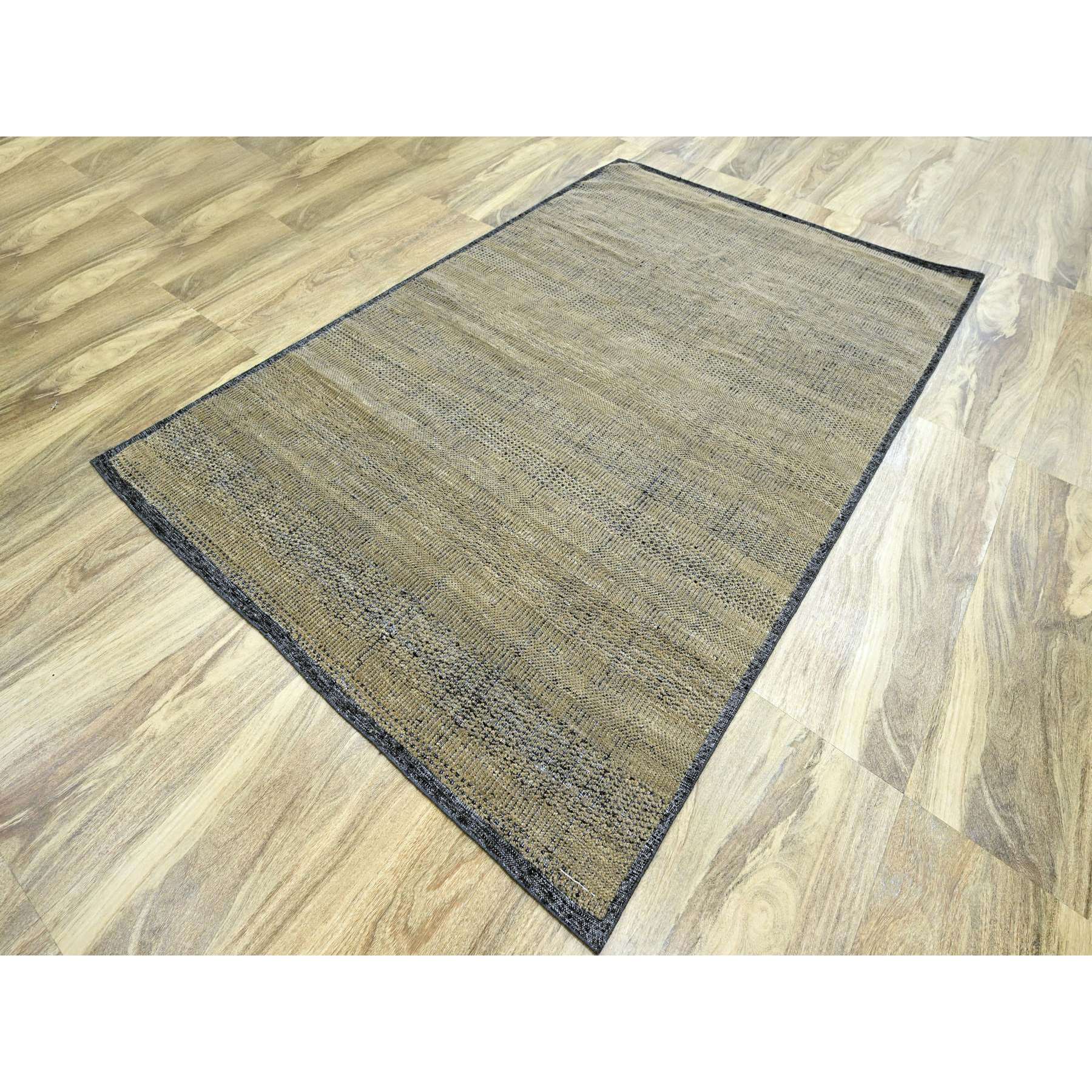 6'x9'3" Dijon Brown with Charcoal Black, Oxidized and Distressed Grass Design with Exposed Warps, Hand Knotted, 100% Wool, Oriental Rug Sh76302