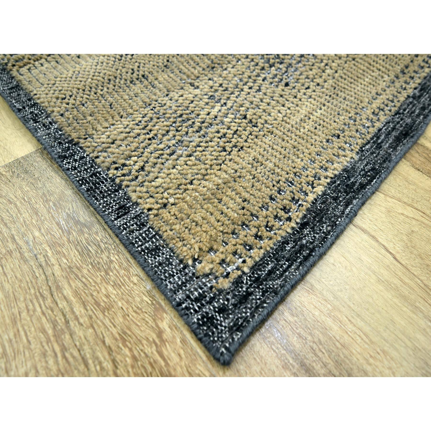 6'x9'3" Dijon Brown with Charcoal Black, Oxidized and Distressed Grass Design with Exposed Warps, Hand Knotted, 100% Wool, Oriental Rug Sh76302
