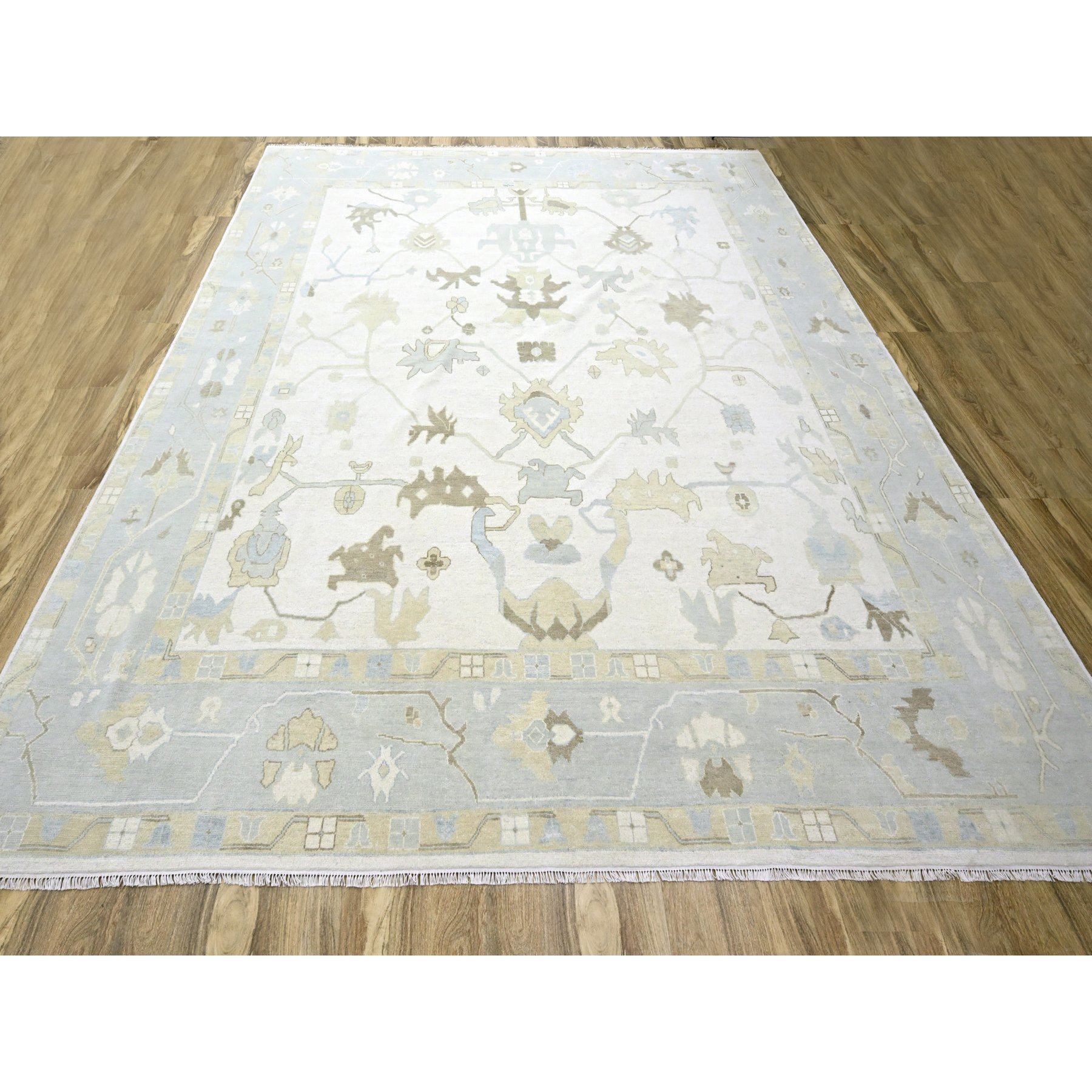15'x16'3" Cream White, Oushak with All Over Leaf Design, 100% Wool, Hand Knotted, XL Square, Oversized, Oriental Rug Sh76303