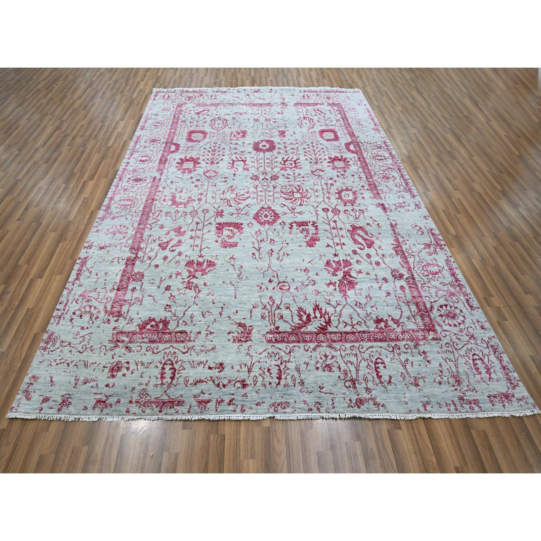 8'x10'5" Frost White with Rose Pink, Persian Tabriz Influence Design, Tone on Tone, Wool & Silk, Hand Knotted, Oriental Rug Sh76305