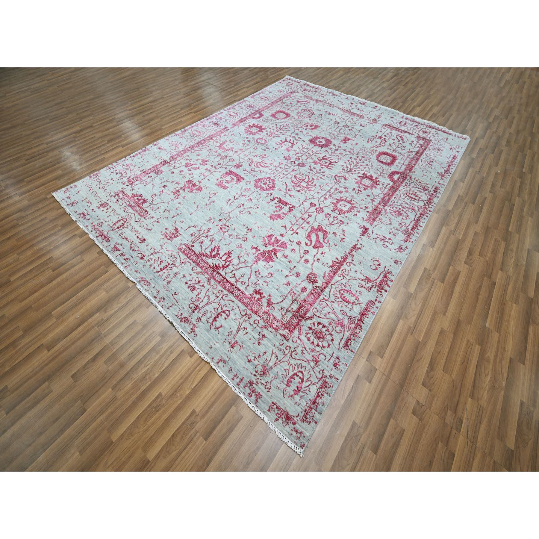 8'x10'5" Frost White with Rose Pink, Persian Tabriz Influence Design, Tone on Tone, Wool & Silk, Hand Knotted, Oriental Rug Sh76305