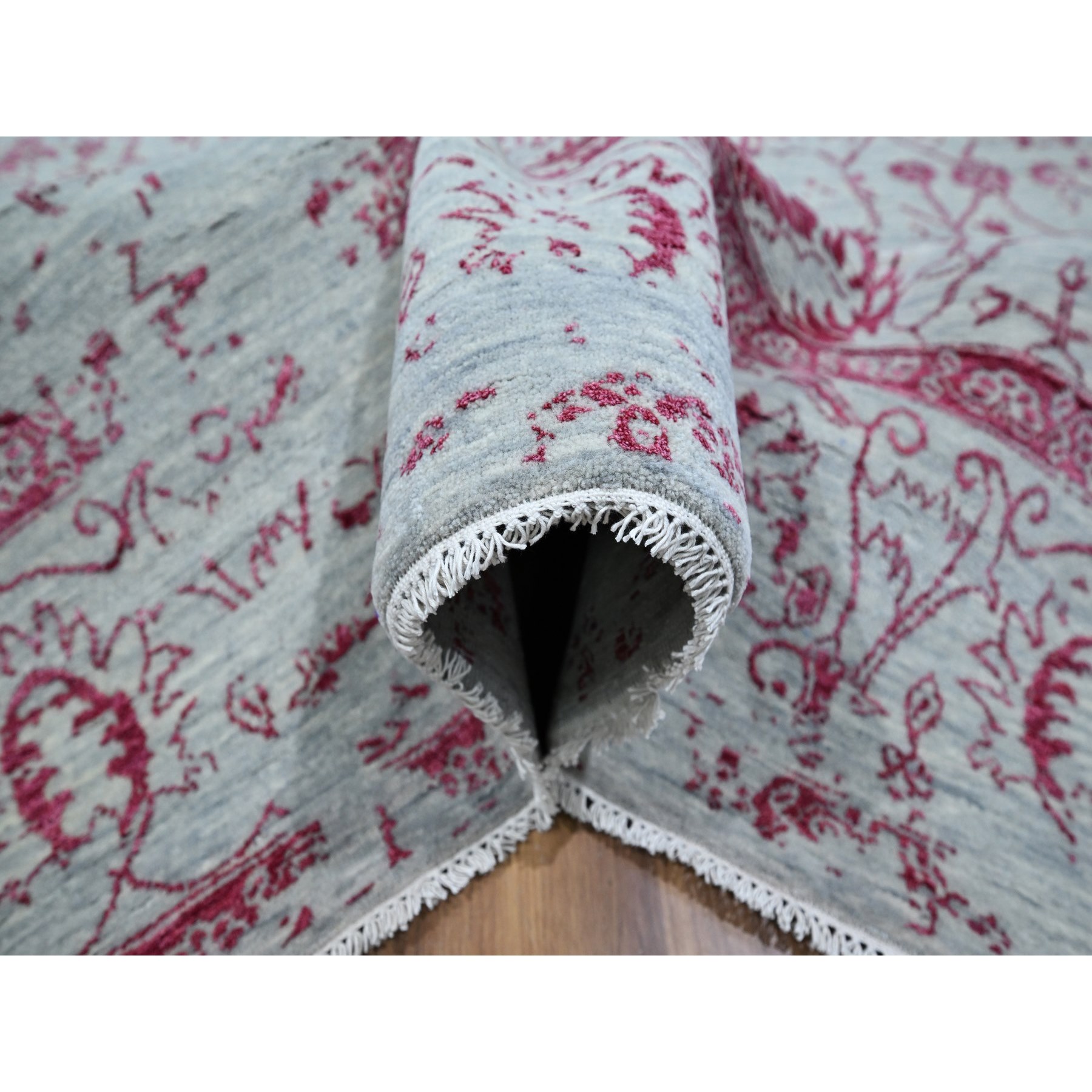 8'x10'5" Frost White with Rose Pink, Persian Tabriz Influence Design, Tone on Tone, Wool & Silk, Hand Knotted, Oriental Rug Sh76305