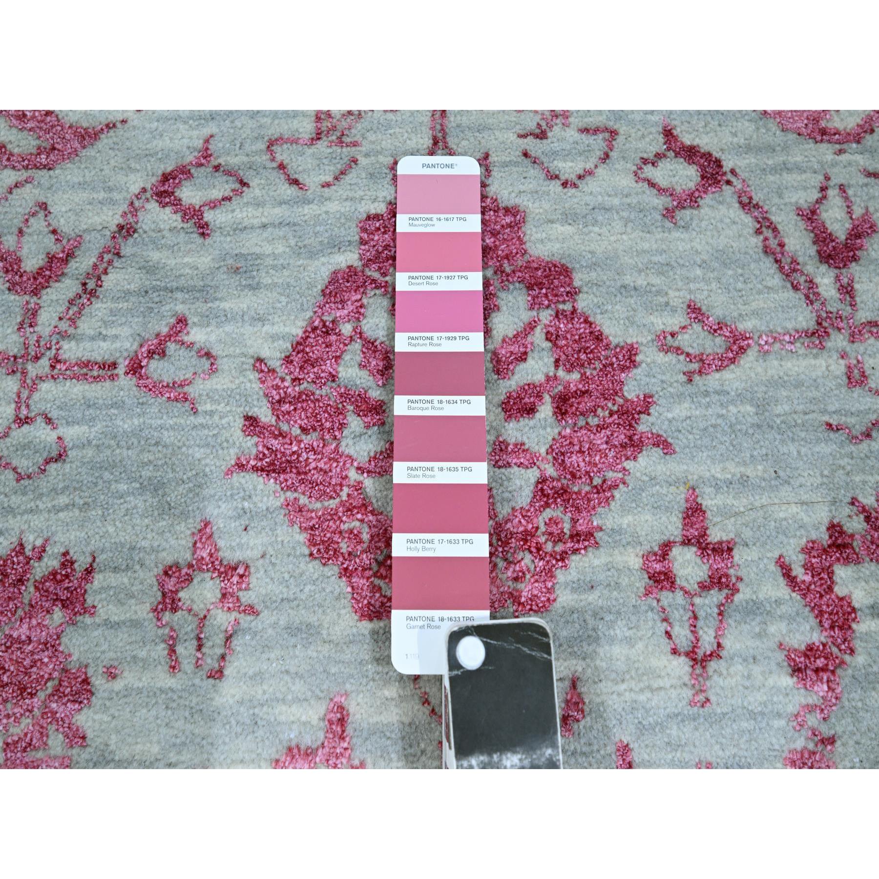 8'x10'5" Frost White with Rose Pink, Persian Tabriz Influence Design, Tone on Tone, Wool & Silk, Hand Knotted, Oriental Rug Sh76305