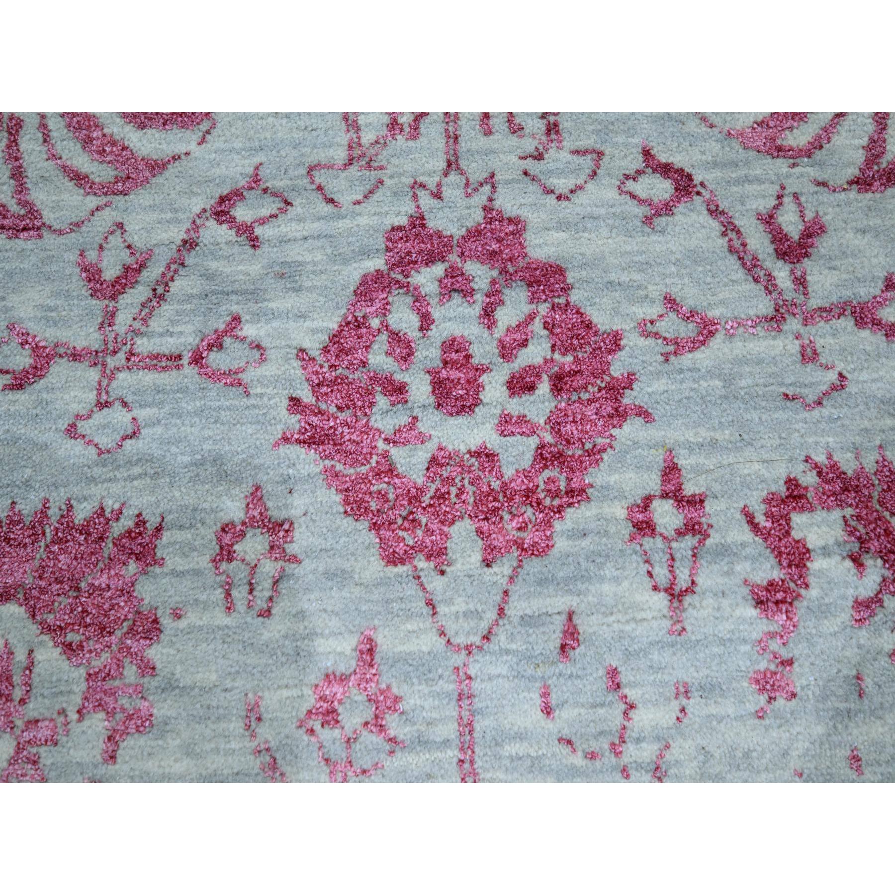 8'x10'5" Frost White with Rose Pink, Persian Tabriz Influence Design, Tone on Tone, Wool & Silk, Hand Knotted, Oriental Rug Sh76305