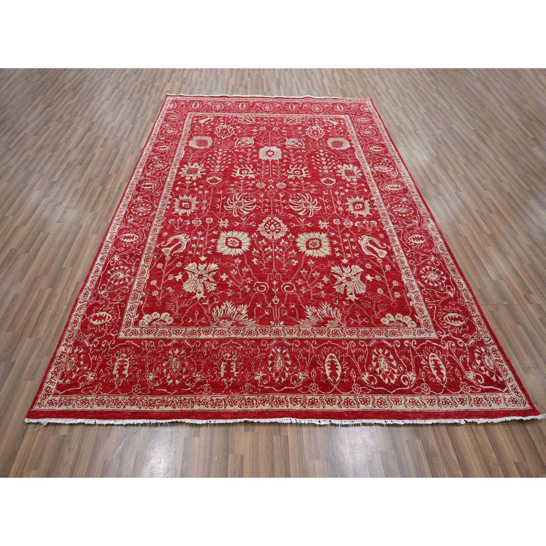 7'9"x10' Crimson Red, Persian Tabriz Influence Design, Wool & Silk, Tone on Tone, Hand Knotted, Oriental Rug Sh76306