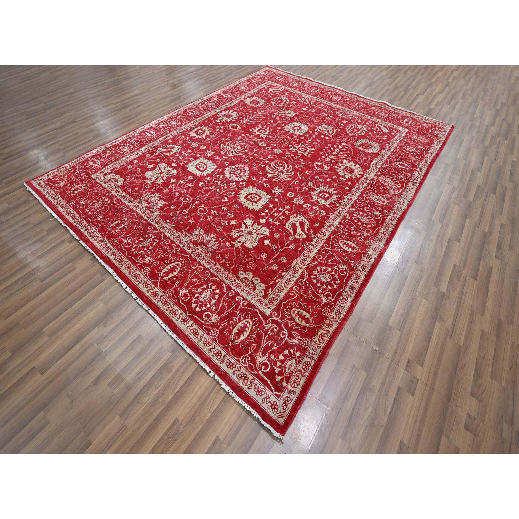 7'9"x10' Crimson Red, Persian Tabriz Influence Design, Wool & Silk, Tone on Tone, Hand Knotted, Oriental Rug Sh76306