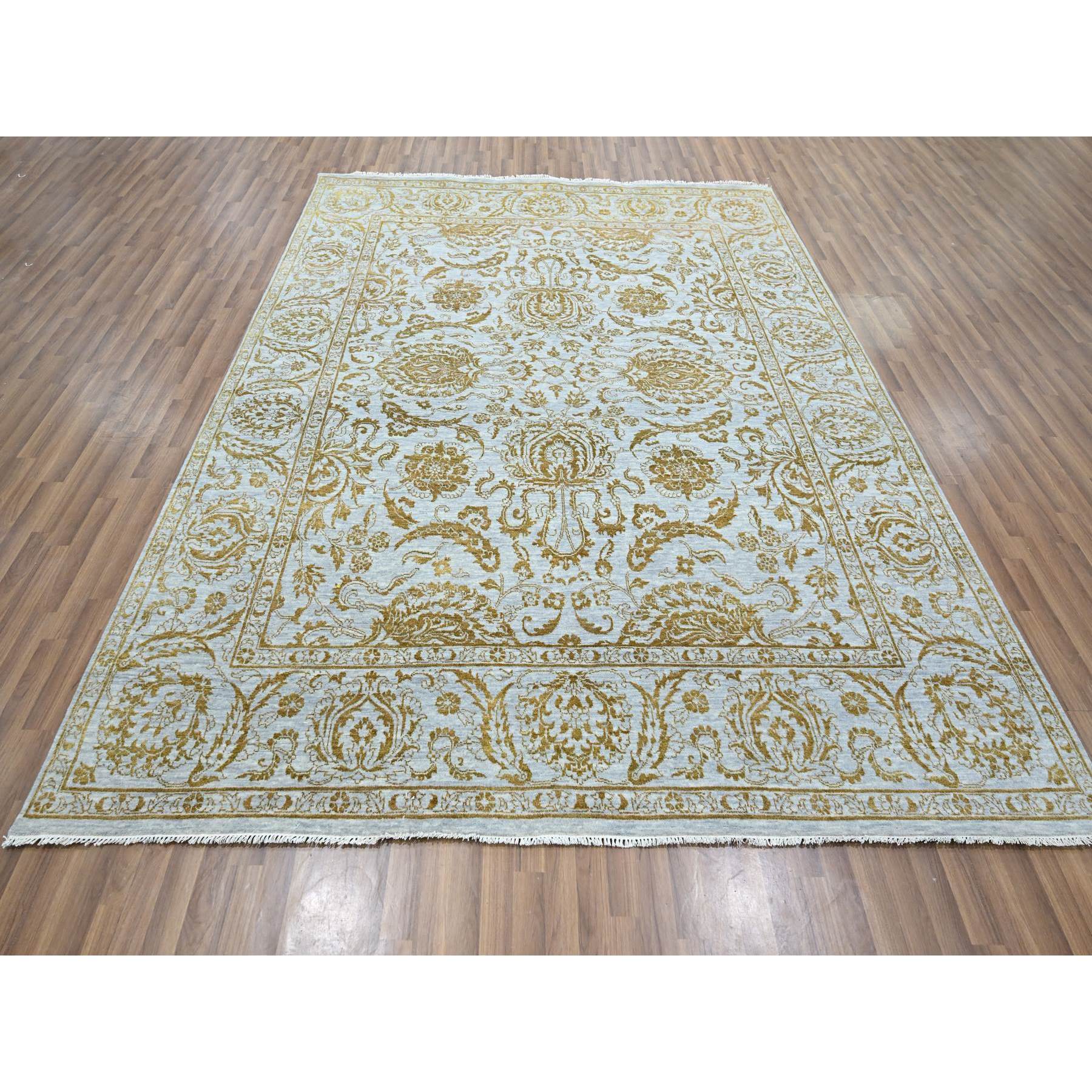 8'x10' Beau Blue with Golden Brown, Persian Influence Design, Tone on Tone, Wool & Silk, Hand Knotted, Oriental Rug Sh76308