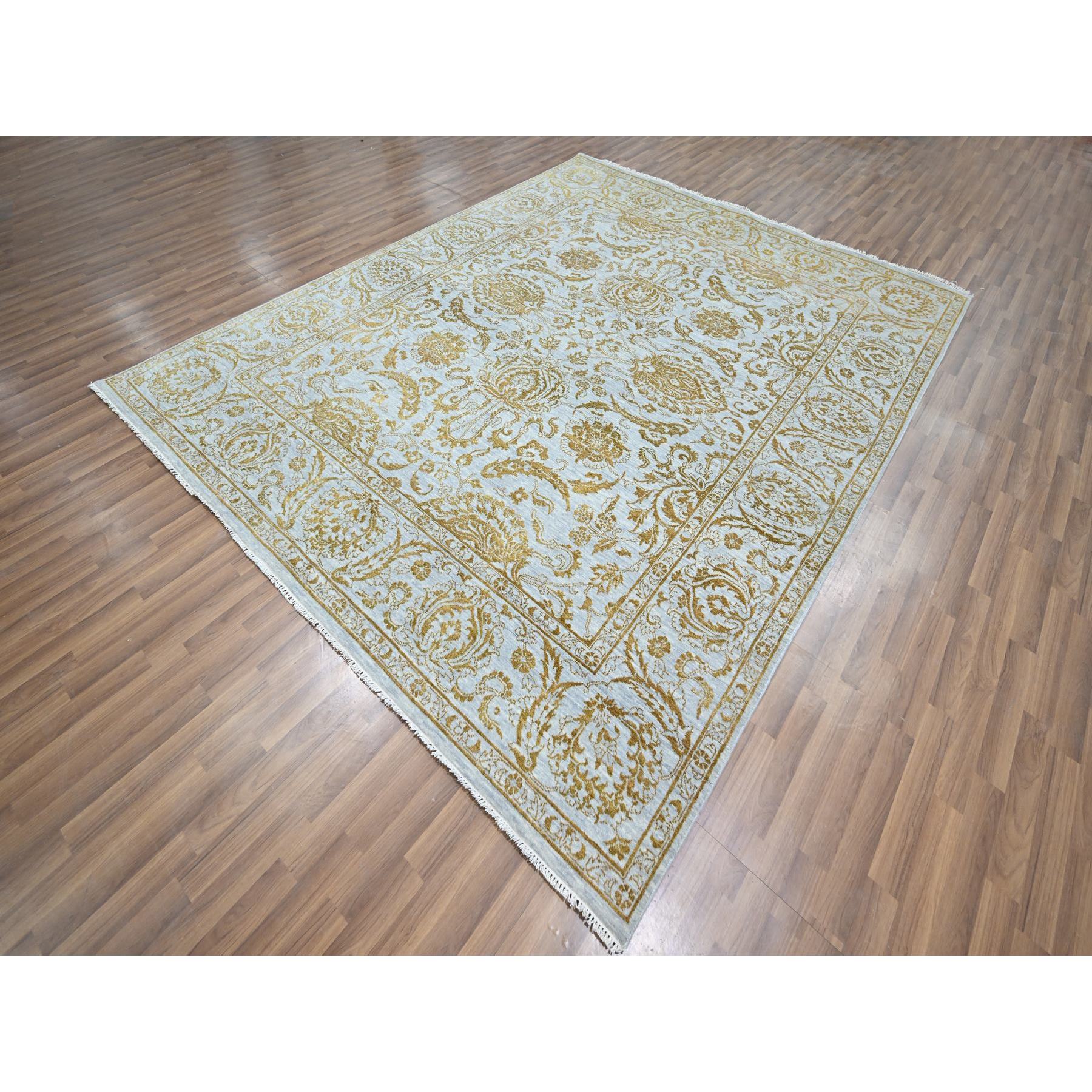 8'x10' Beau Blue with Golden Brown, Persian Influence Design, Tone on Tone, Wool & Silk, Hand Knotted, Oriental Rug Sh76308