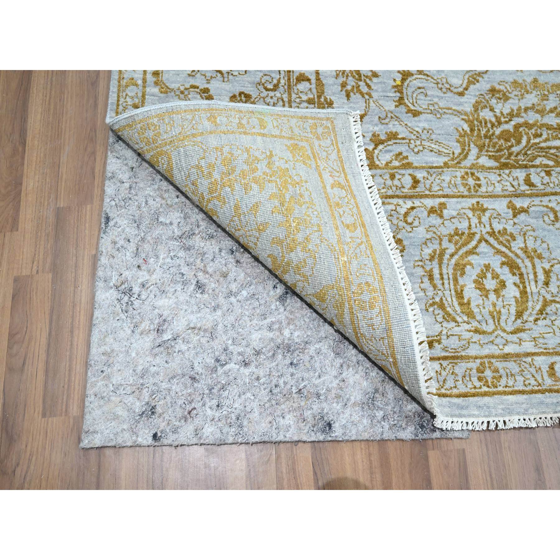8'x10' Beau Blue with Golden Brown, Persian Influence Design, Tone on Tone, Wool & Silk, Hand Knotted, Oriental Rug Sh76308