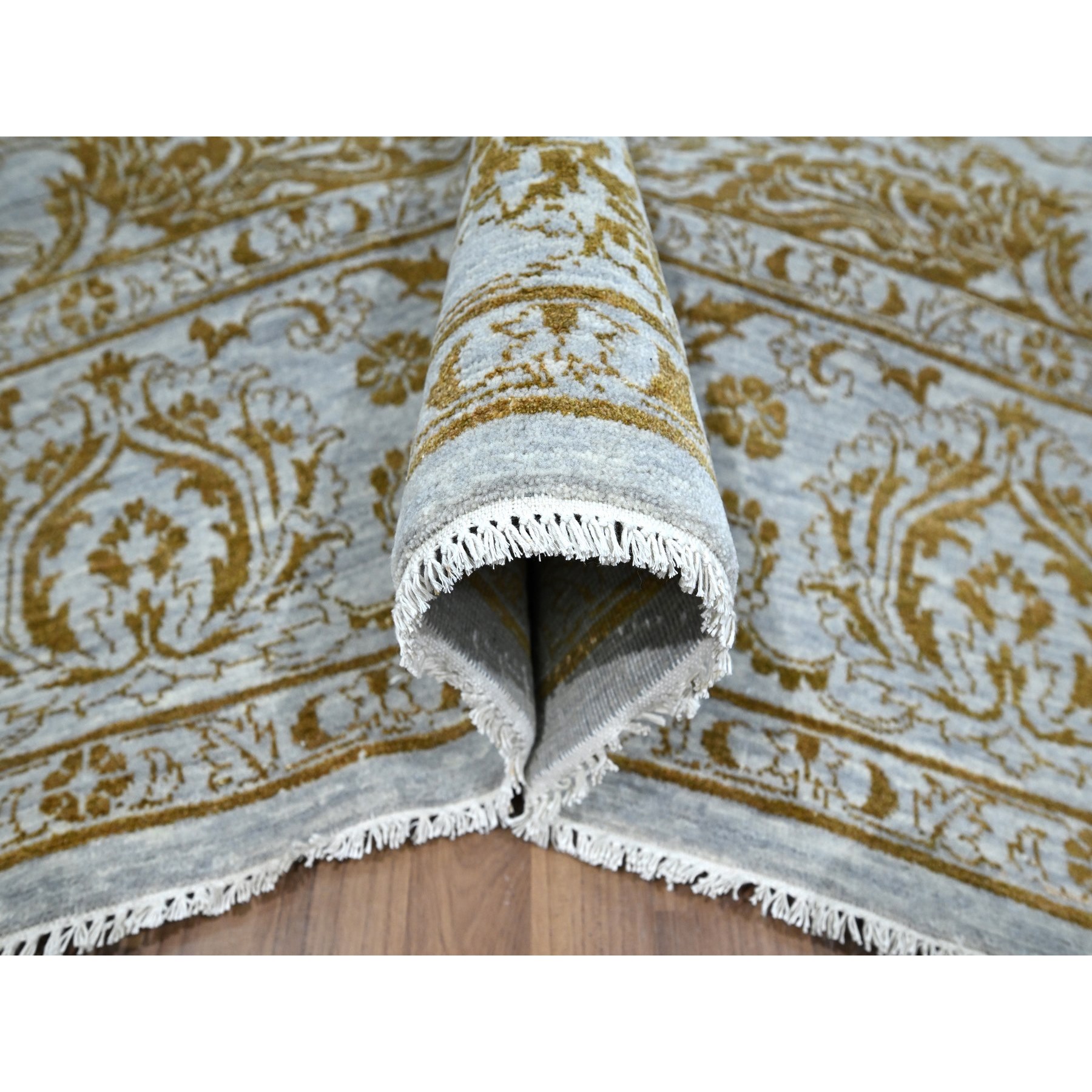 8'x10' Beau Blue with Golden Brown, Persian Influence Design, Tone on Tone, Wool & Silk, Hand Knotted, Oriental Rug Sh76308