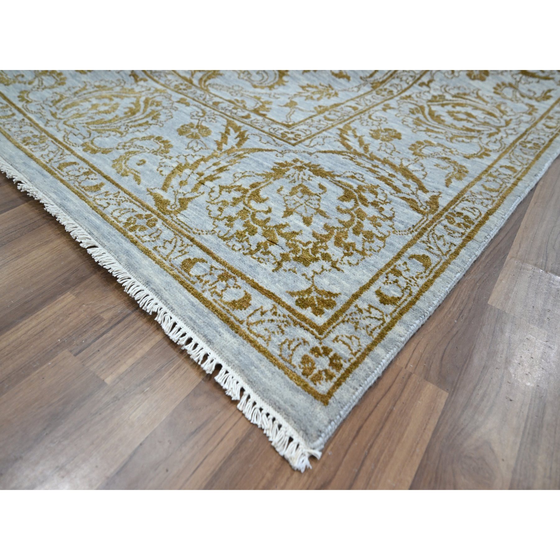 8'x10' Beau Blue with Golden Brown, Persian Influence Design, Tone on Tone, Wool & Silk, Hand Knotted, Oriental Rug Sh76308