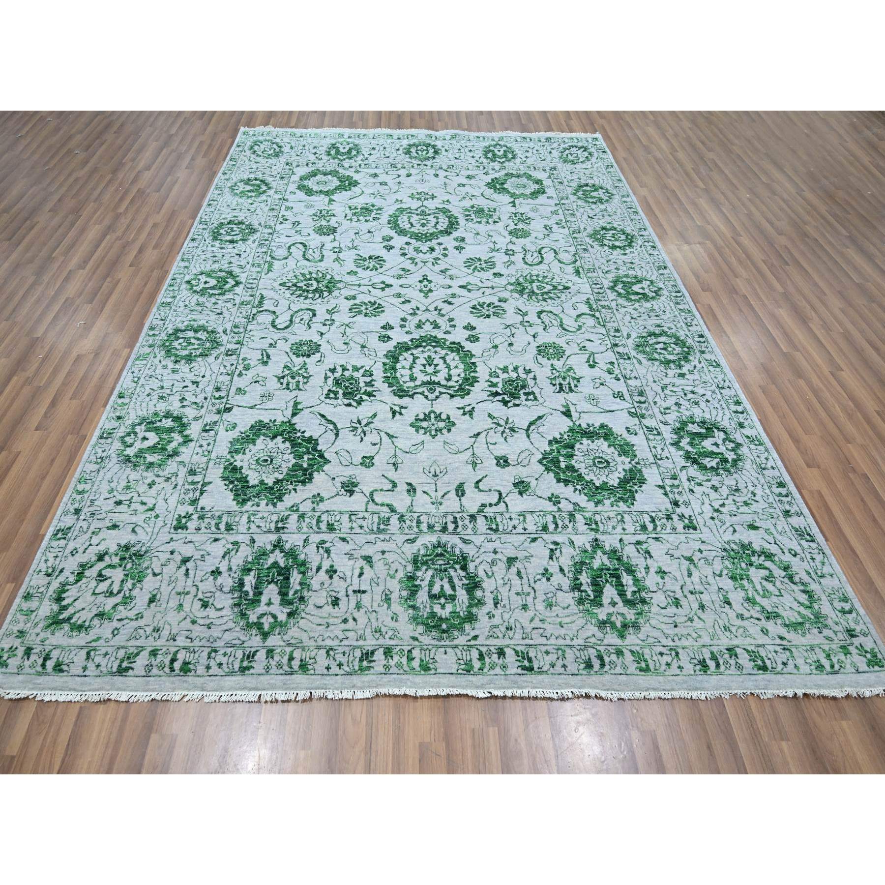 8'x10'1" Snow White with Forest Green, Persian Tabriz Influence Design, 100% Wool, Tone on Tone, Hand Knotted, Oriental Rug Sh76310