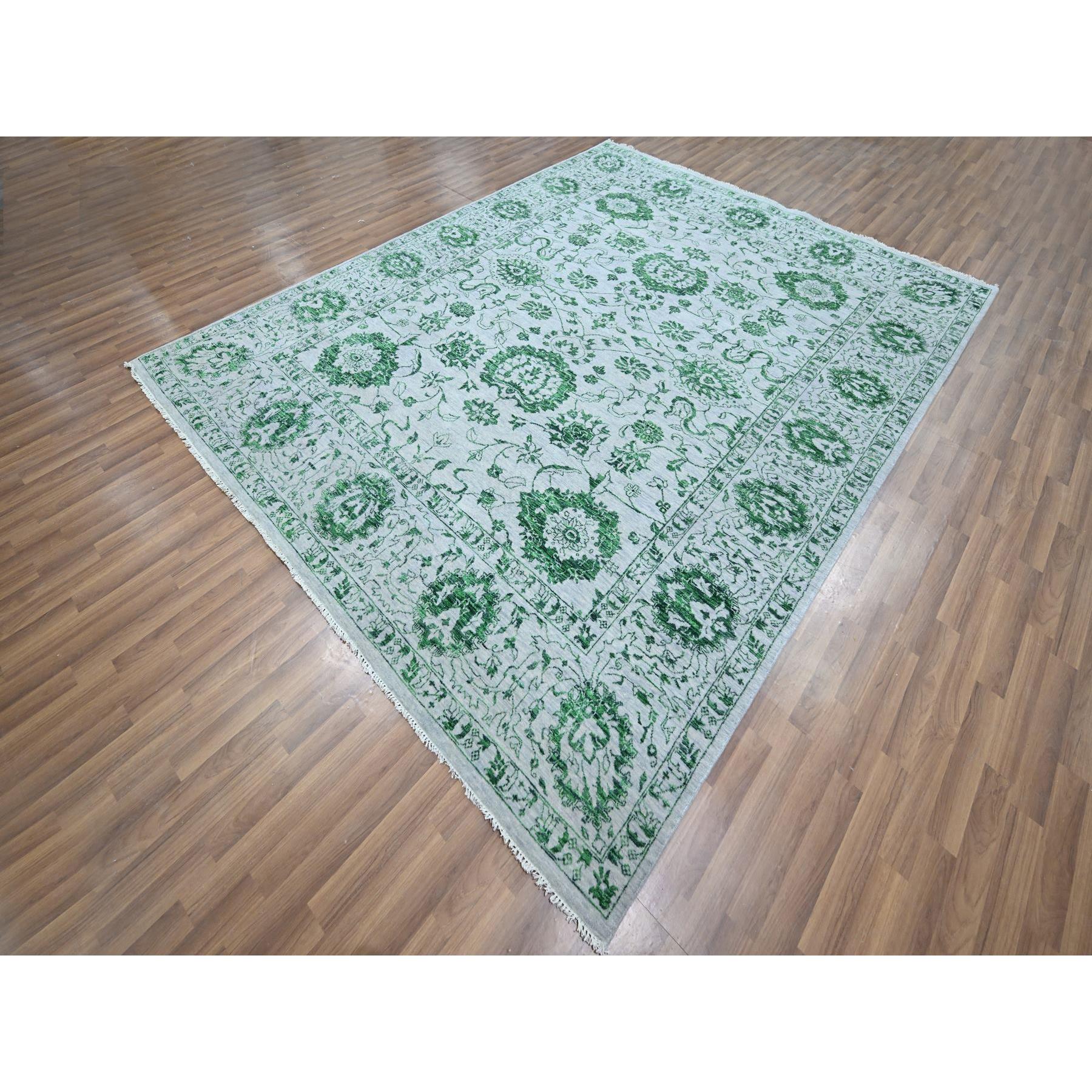 8'x10'1" Snow White with Forest Green, Persian Tabriz Influence Design, 100% Wool, Tone on Tone, Hand Knotted, Oriental Rug Sh76310