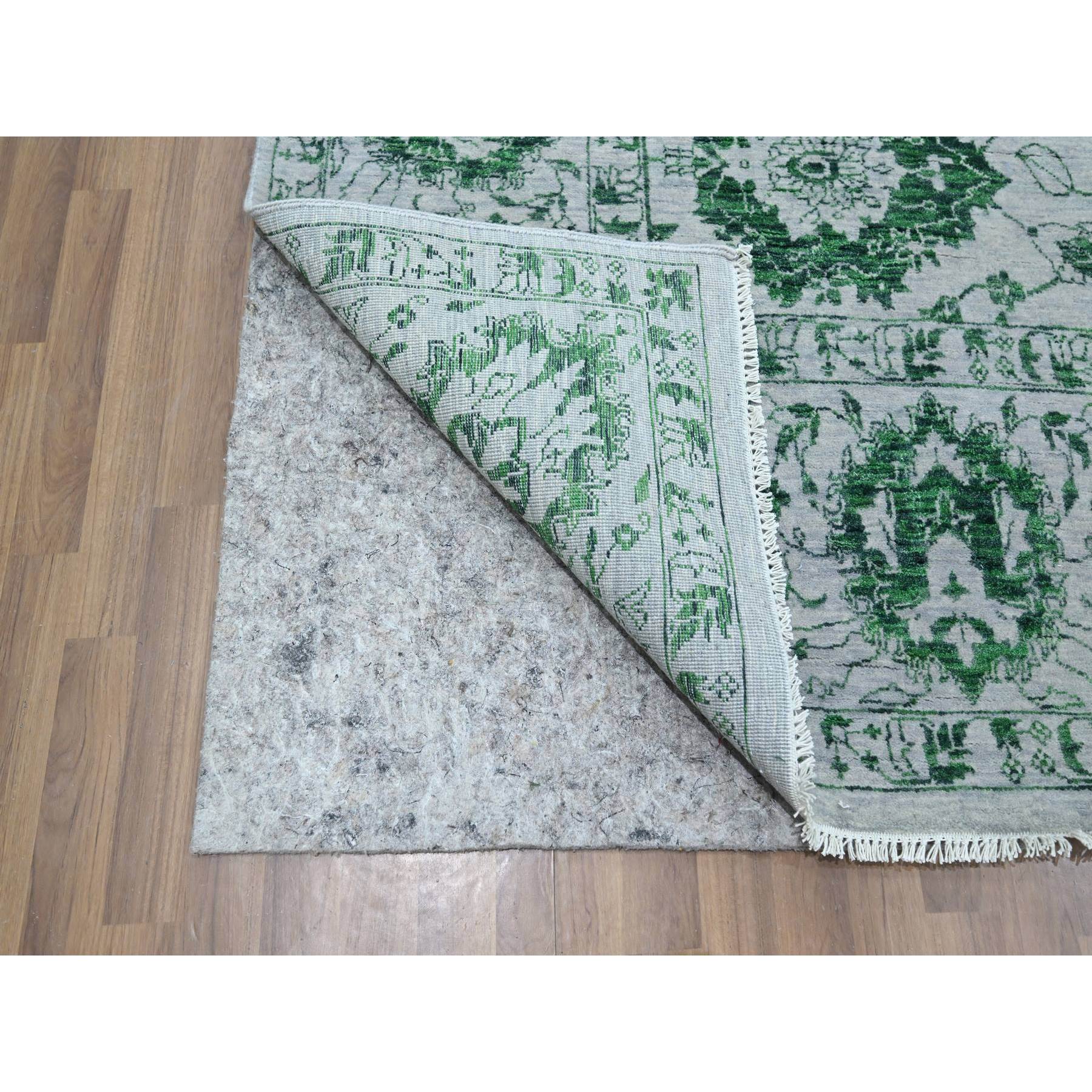 8'x10'1" Snow White with Forest Green, Persian Tabriz Influence Design, 100% Wool, Tone on Tone, Hand Knotted, Oriental Rug Sh76310