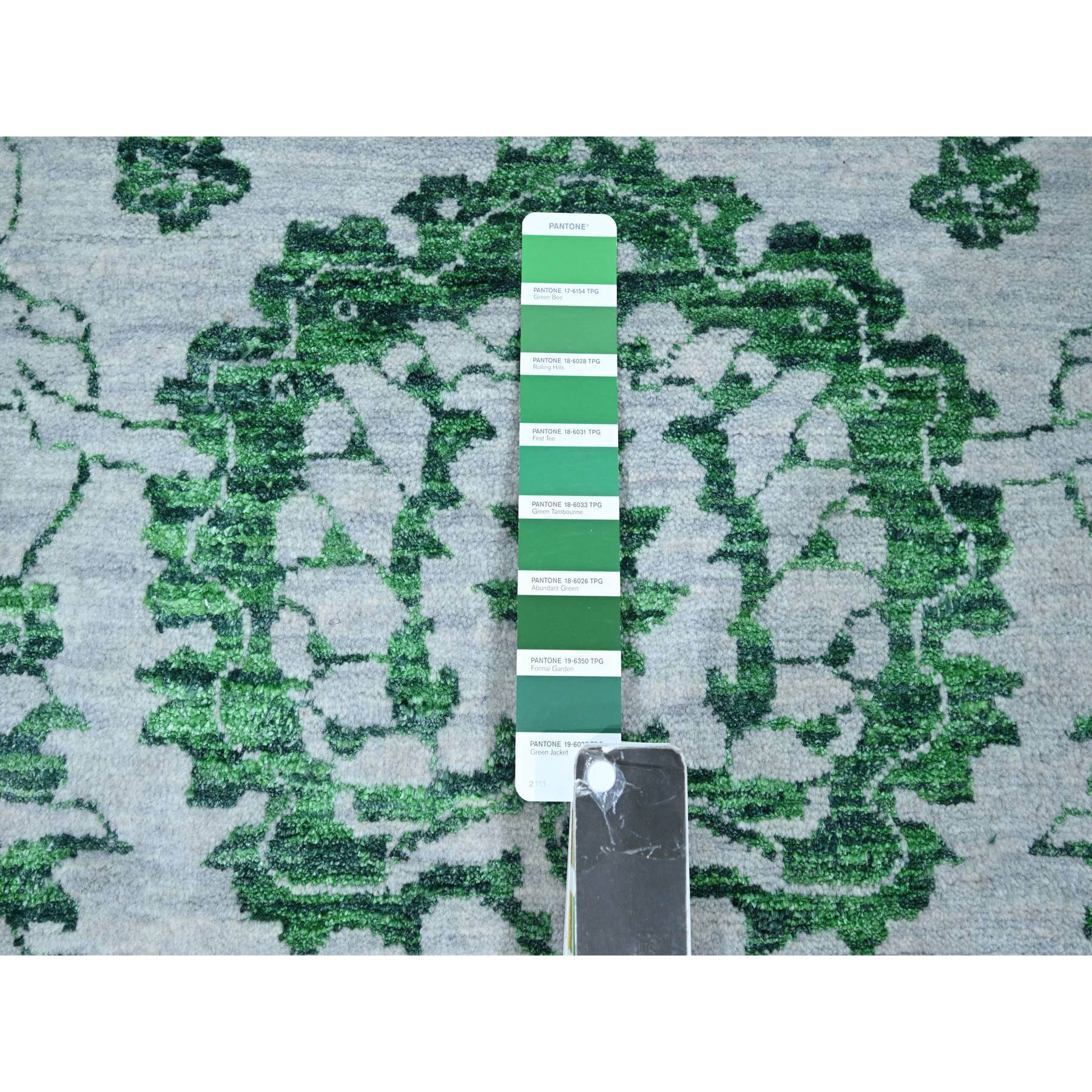 8'x10'1" Snow White with Forest Green, Persian Tabriz Influence Design, 100% Wool, Tone on Tone, Hand Knotted, Oriental Rug Sh76310