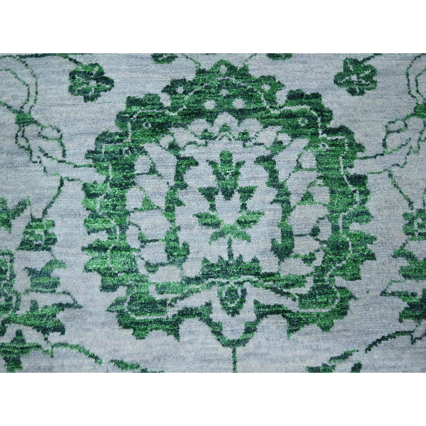 8'x10'1" Snow White with Forest Green, Persian Tabriz Influence Design, 100% Wool, Tone on Tone, Hand Knotted, Oriental Rug Sh76310