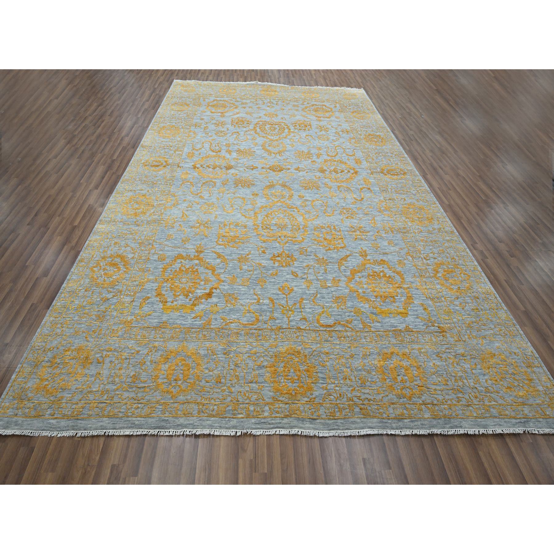 10'x14' Misty Gray with Gold, Tone on Tone, Persian Influence Design, Hand Knotted, Wool & Silk, Oriental Rug Sh76312