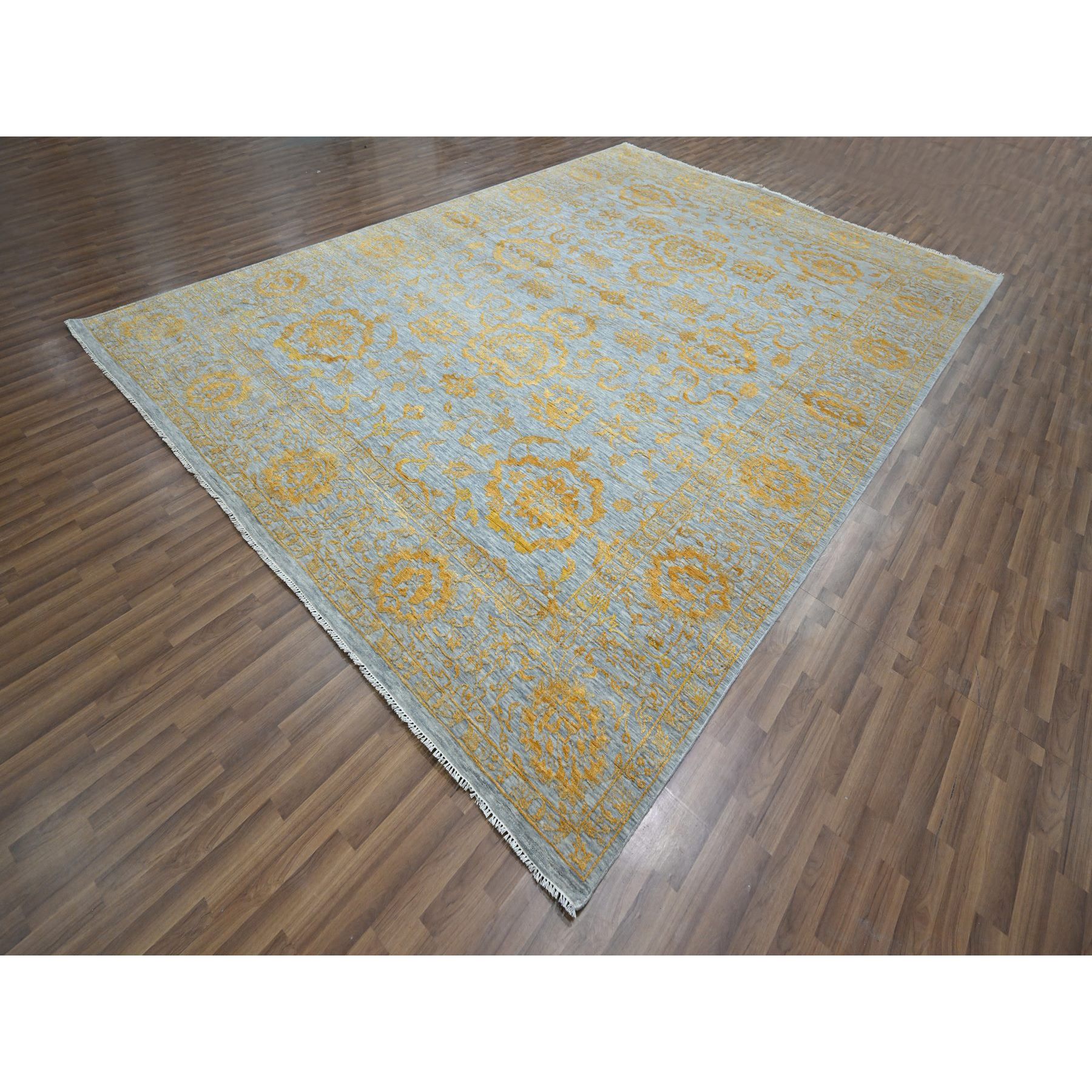 10'x14' Misty Gray with Gold, Tone on Tone, Persian Influence Design, Hand Knotted, Wool & Silk, Oriental Rug Sh76312