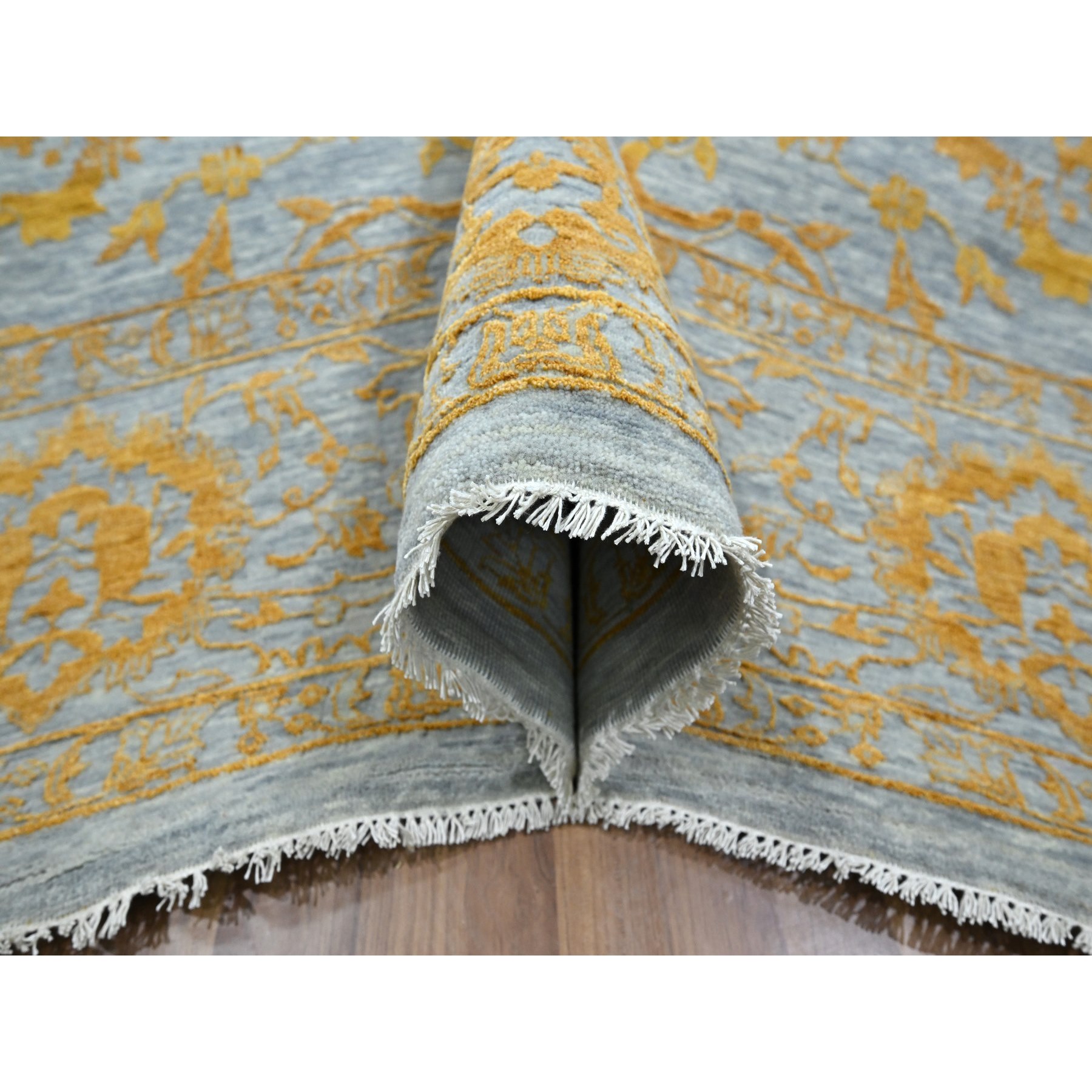 10'x14' Misty Gray with Gold, Tone on Tone, Persian Influence Design, Hand Knotted, Wool & Silk, Oriental Rug Sh76312