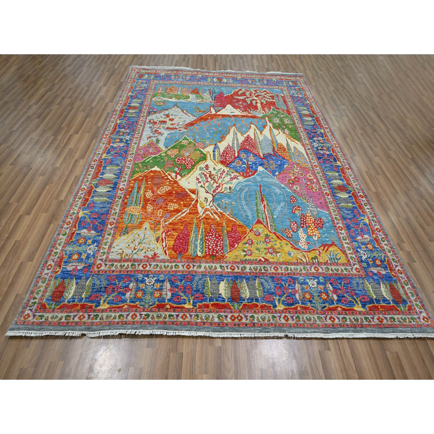8'x10' Aqua Blue, Pictorial with Colorful Mountain and Tree Scenery Design, Hand Knotted, 100% Wool, Agra, Oriental Rug Sh76313