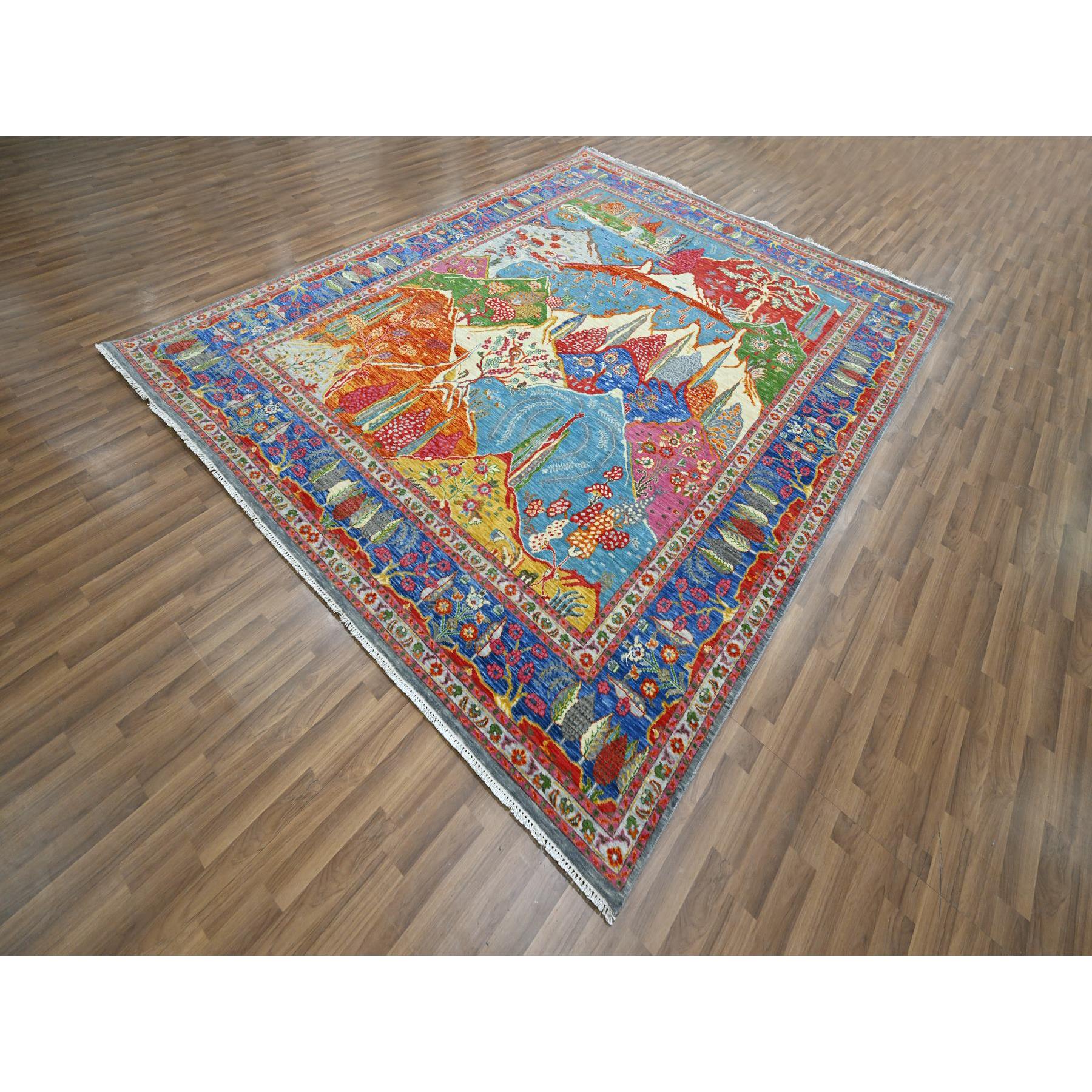 8'x10' Aqua Blue, Pictorial with Colorful Mountain and Tree Scenery Design, Hand Knotted, 100% Wool, Agra, Oriental Rug Sh76313