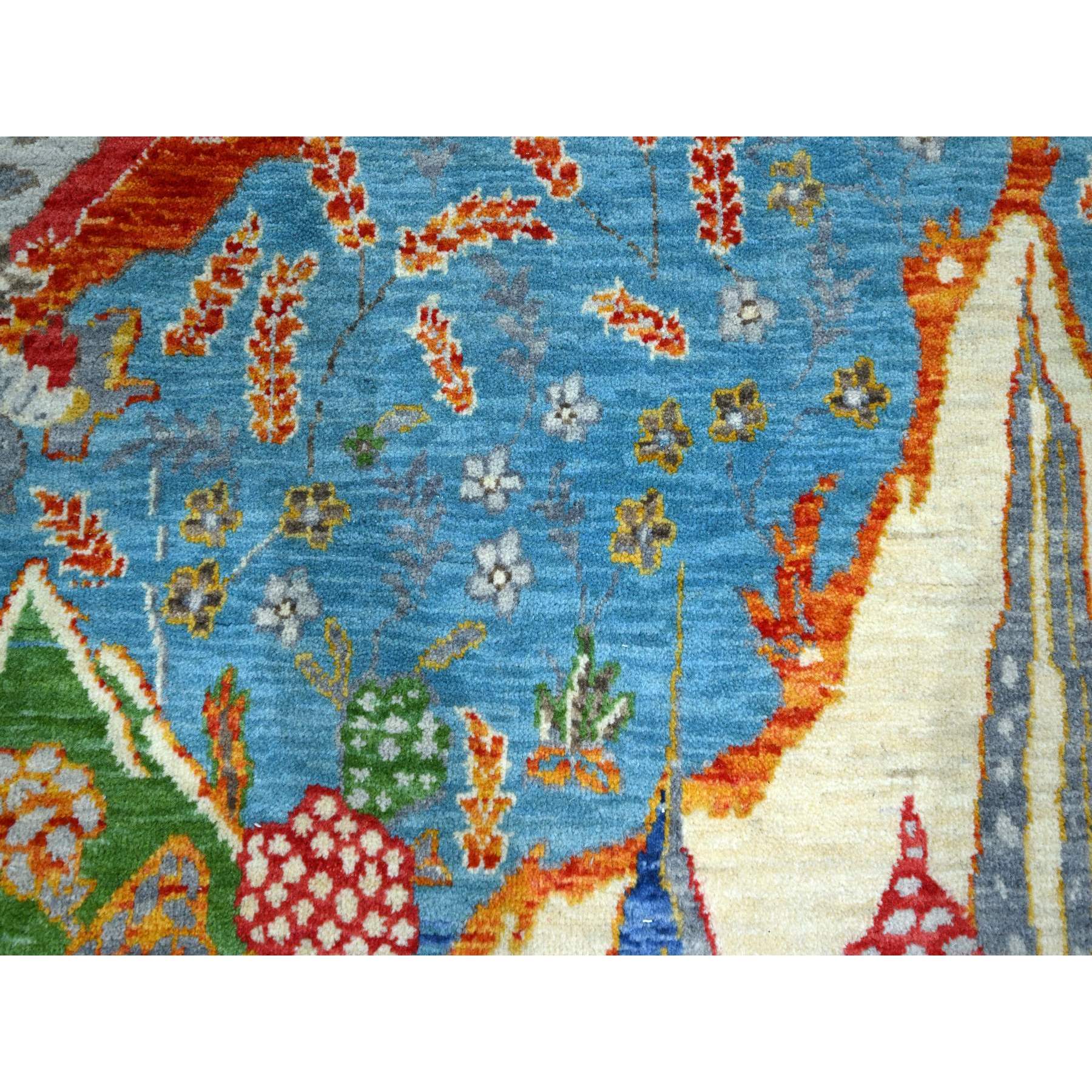 8'x10' Aqua Blue, Pictorial with Colorful Mountain and Tree Scenery Design, Hand Knotted, 100% Wool, Agra, Oriental Rug Sh76313