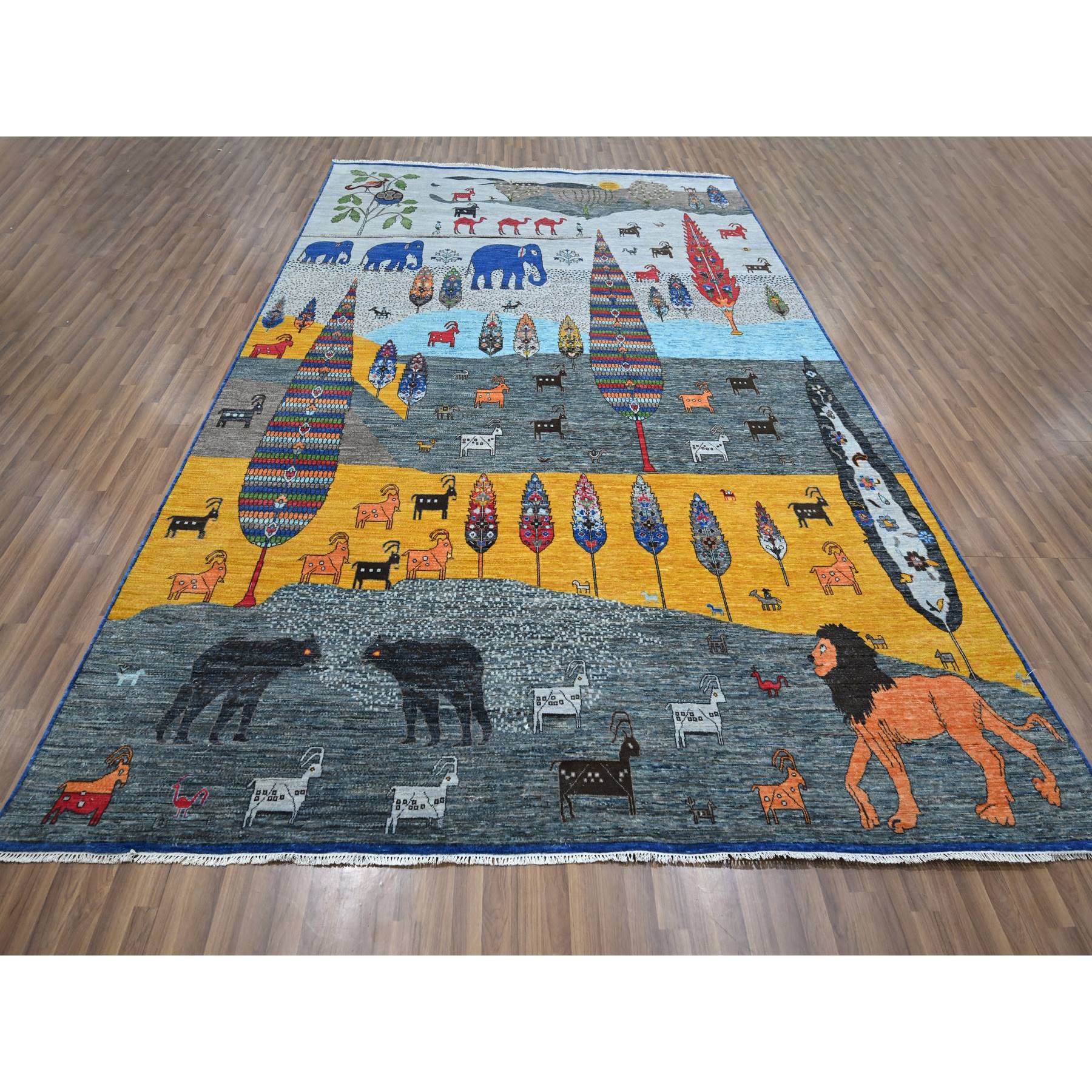 9'x12' Shades of Gray, Colorful Pictorial, Agra, Ethnic Design with Cypress Tree, Lion, Elephants, Camels, Tigers and More, Hand Knotted, 100% Wool, Oriental Rug Sh76314