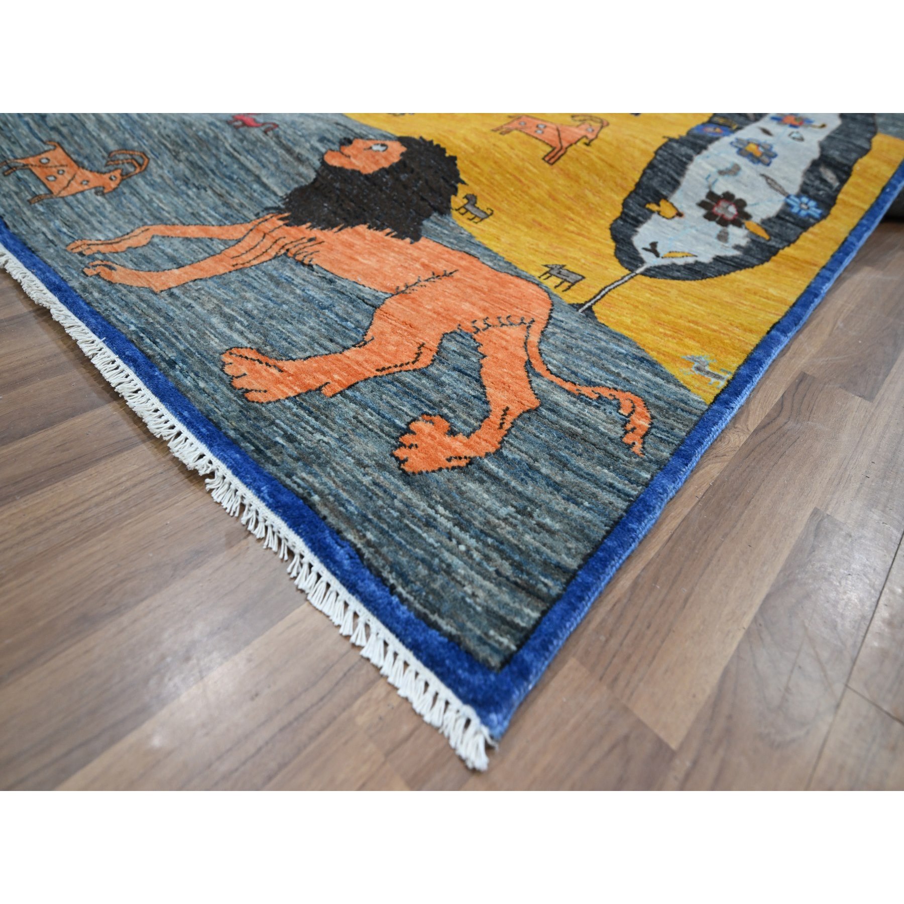9'x12' Shades of Gray, Colorful Pictorial, Agra, Ethnic Design with Cypress Tree, Lion, Elephants, Camels, Tigers and More, Hand Knotted, 100% Wool, Oriental Rug Sh76314