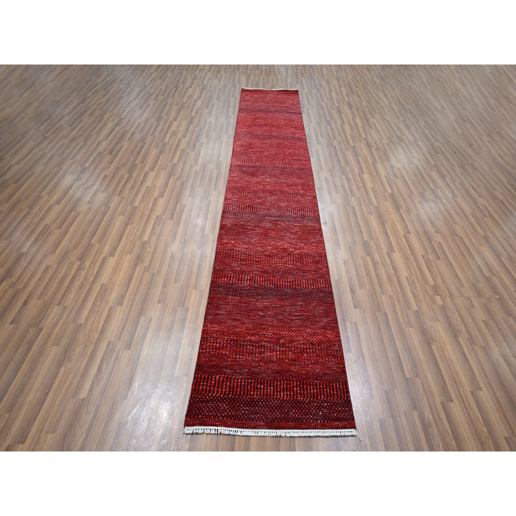 2'6"x11'10" Ruby Red, Modern Grass Design, Hand Knotted, Denser Weave, Tone on Tone, Wool and Silk, Lush and Plush, Runner, Oriental Rug Sh76317