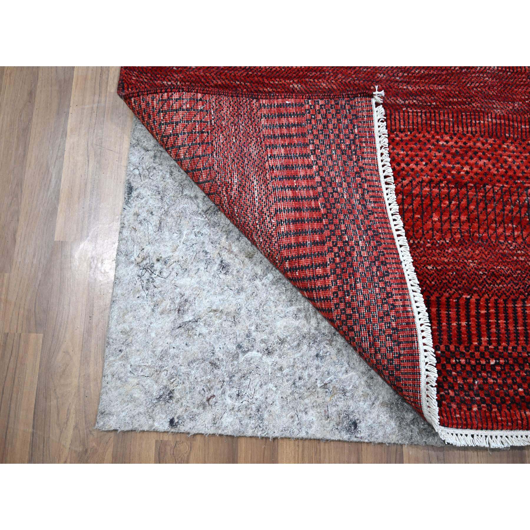 2'6"x11'10" Ruby Red, Modern Grass Design, Hand Knotted, Denser Weave, Tone on Tone, Wool and Silk, Lush and Plush, Runner, Oriental Rug Sh76317