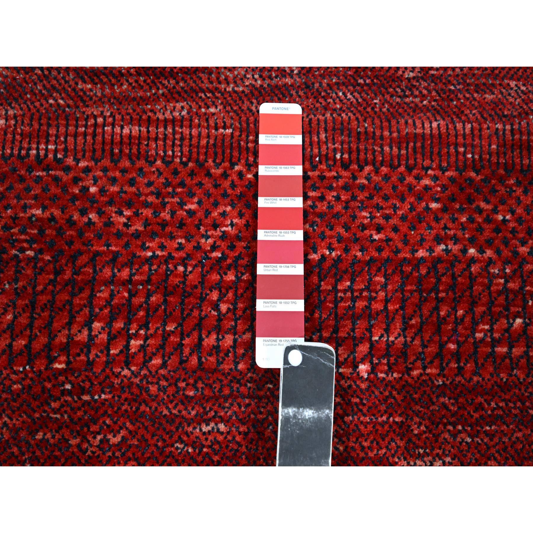 2'6"x11'10" Ruby Red, Modern Grass Design, Hand Knotted, Denser Weave, Tone on Tone, Wool and Silk, Lush and Plush, Runner, Oriental Rug Sh76317