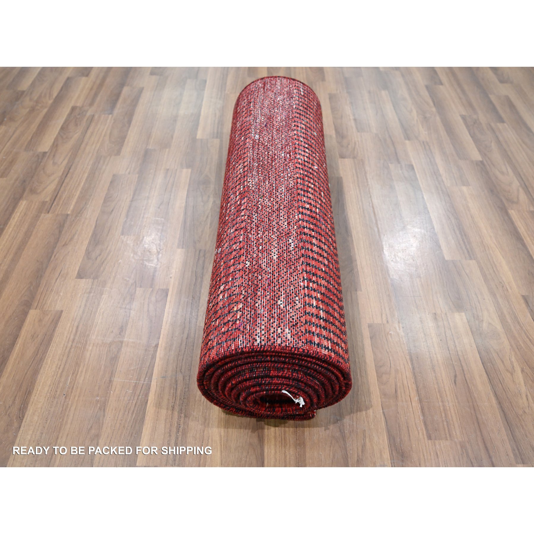 2'6"x11'10" Ruby Red, Modern Grass Design, Hand Knotted, Denser Weave, Tone on Tone, Wool and Silk, Lush and Plush, Runner, Oriental Rug Sh76317