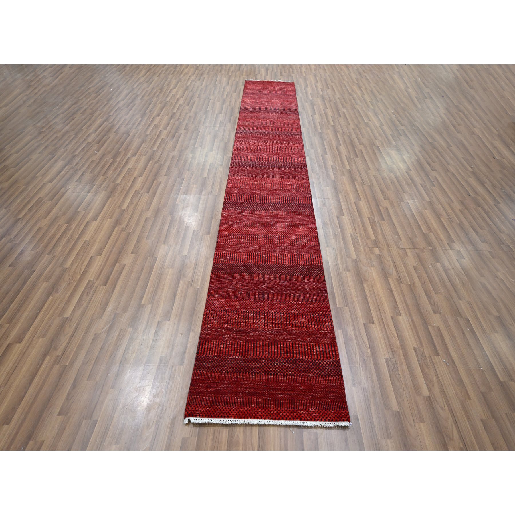 2'5"x14' Chili Red, Modern Grass Design, Hand Knotted, Denser Weave, Tone on Tone, Wool and Silk, Lush and Plush, Runner, Oriental Rug Sh76318